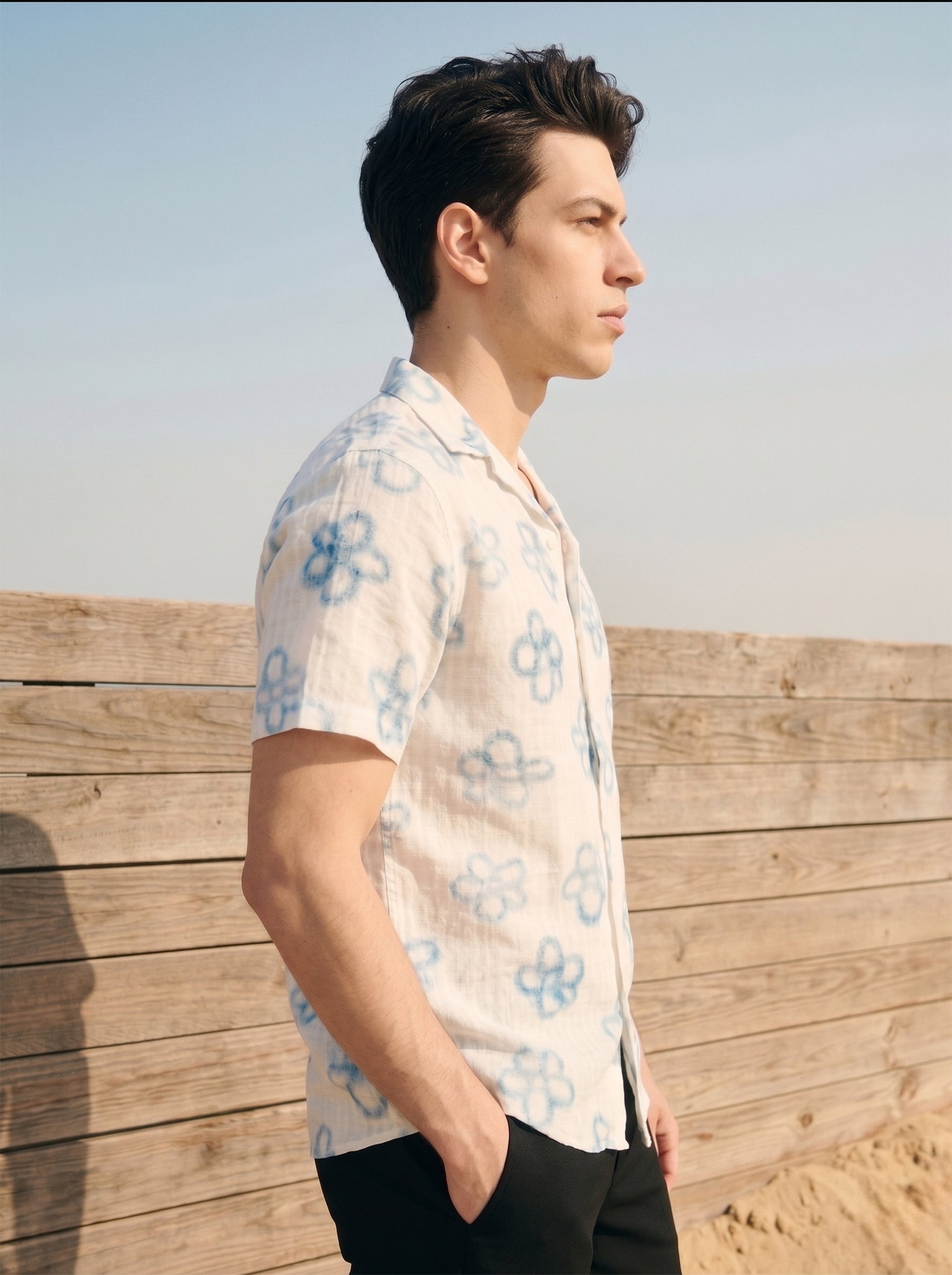 Men's Blue Cuban Collar Relaxed Fit Shirt
