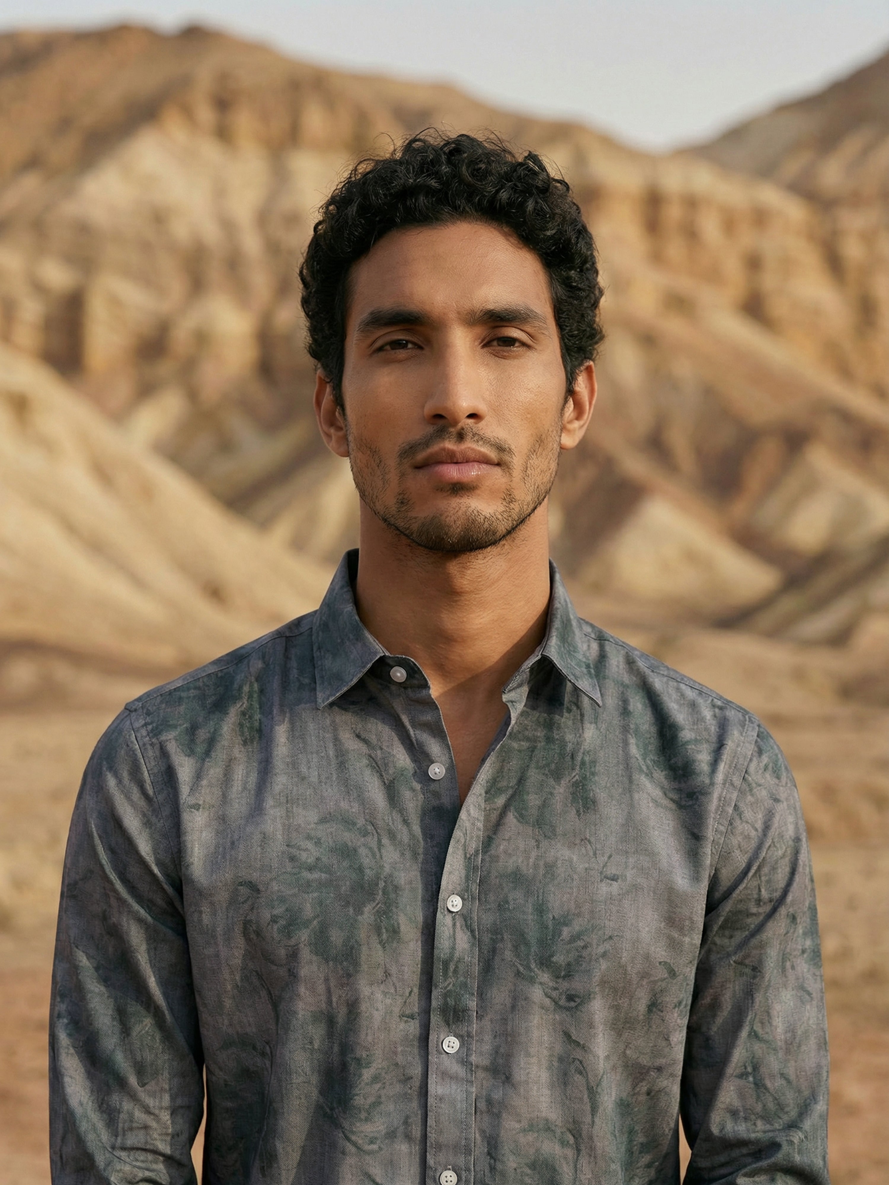 Grey Milanj Semi Formal Print Semi Cut Away Collar Full Sleeves Shirt For Male