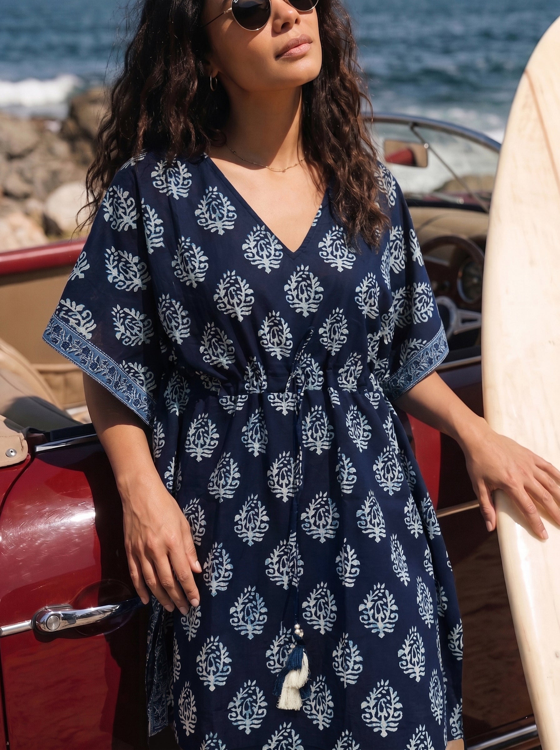 Women's Cambric Cotton Indigo V Neck Sleeveless Kaftan