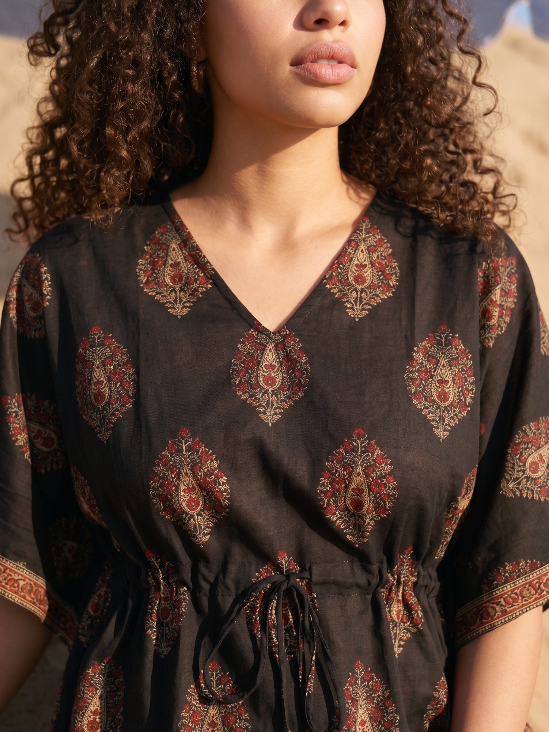 Women's Cambric Cotton Black V Neck Kaftan