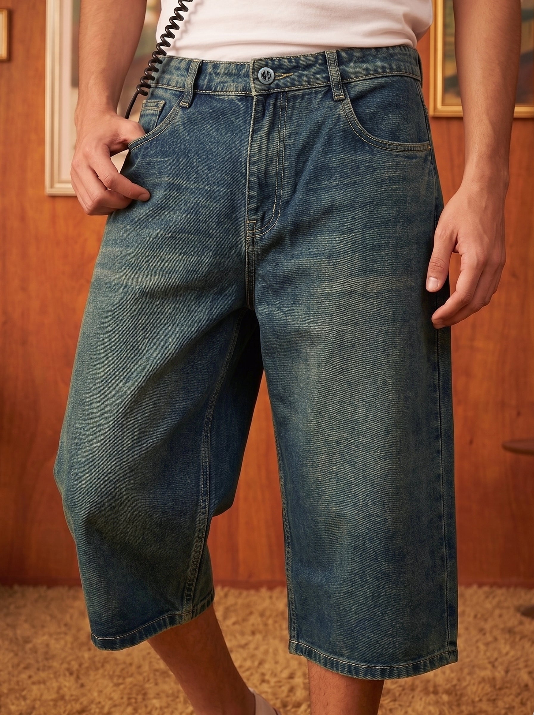 Men's Indigo Denim Diesel Wash Green Jorts Fit Jorts