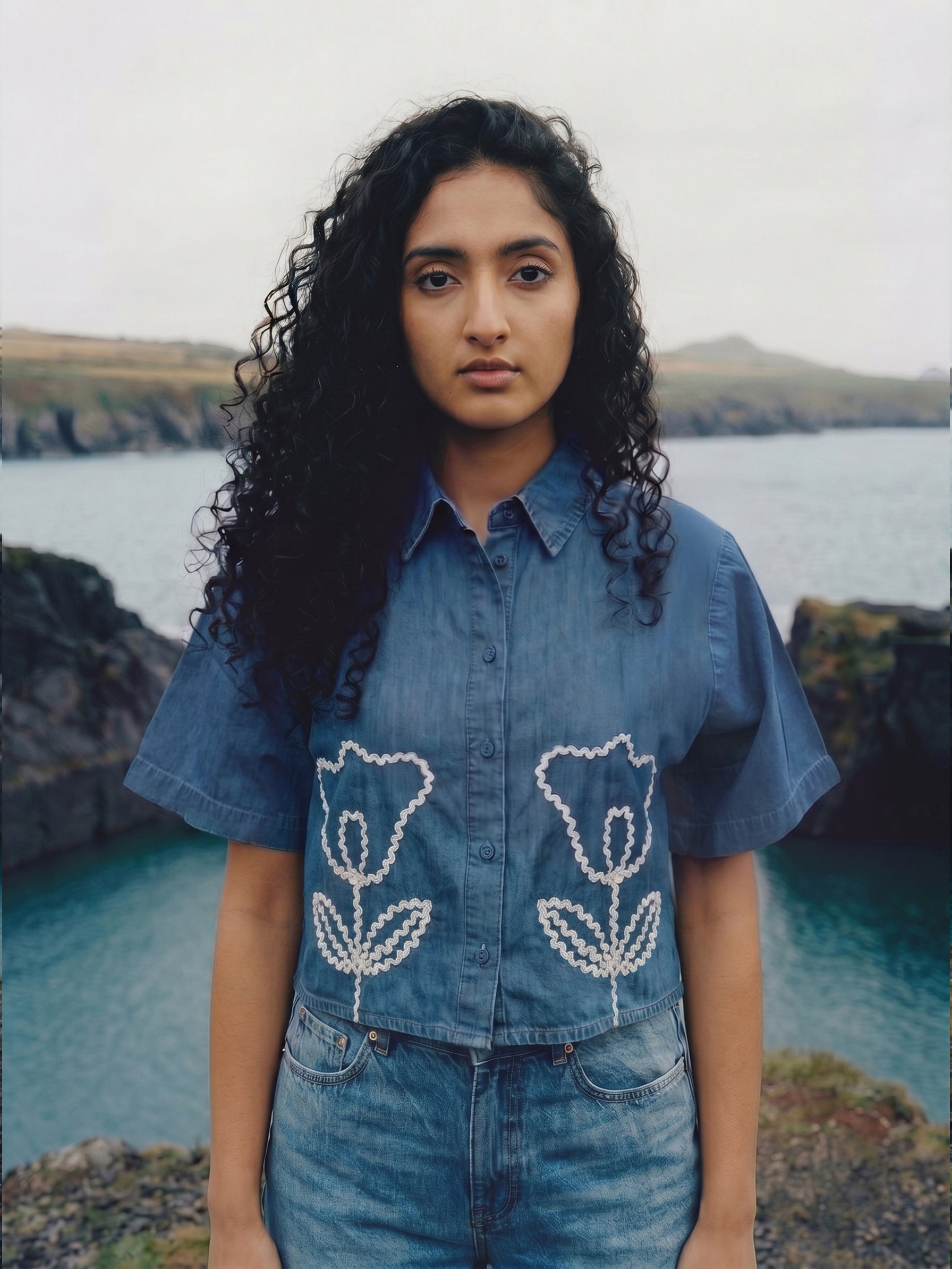 Women's Cotton Denim Dark Blue Regular Top