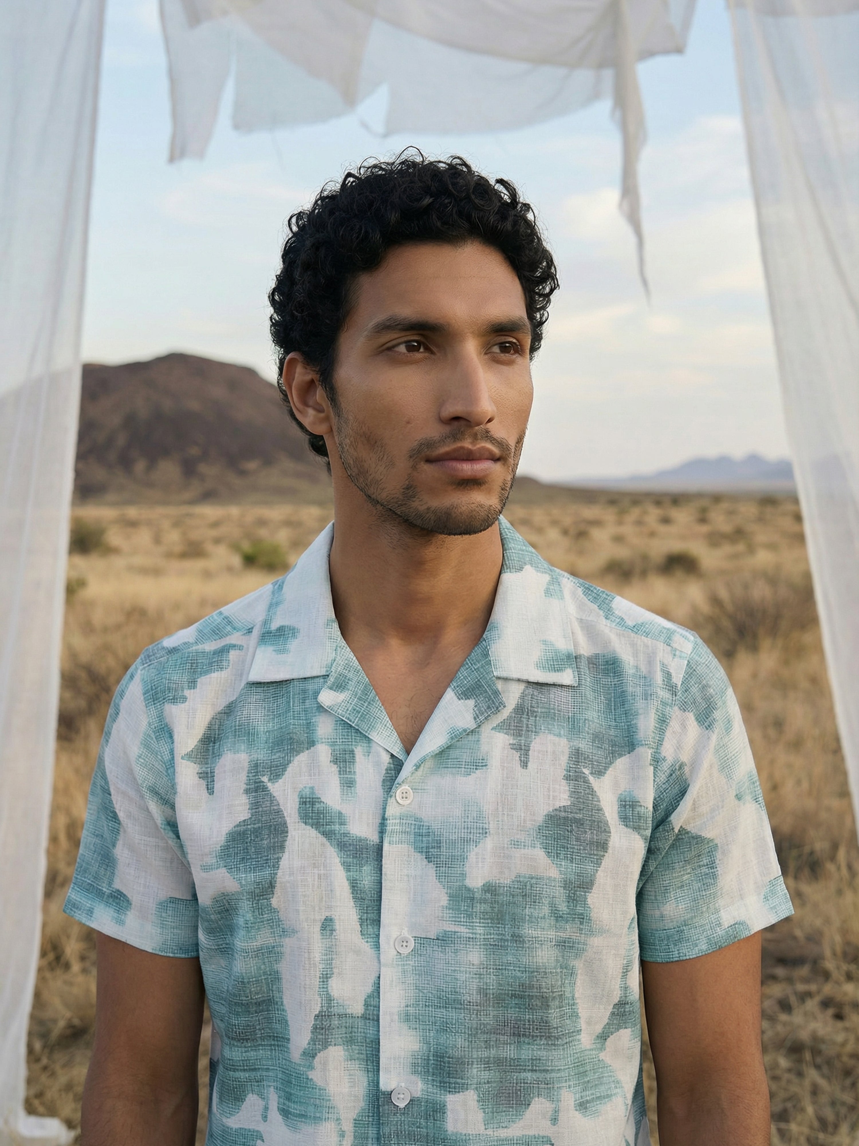 Green Blend Cuban Collar Half Sleeves Shirt For Male