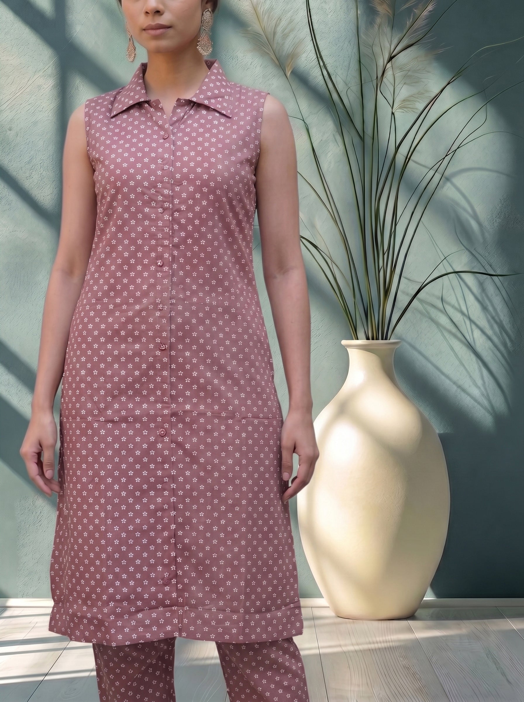 Women's Cotton Pink Regular Fit Sleeveless Kurti Set
