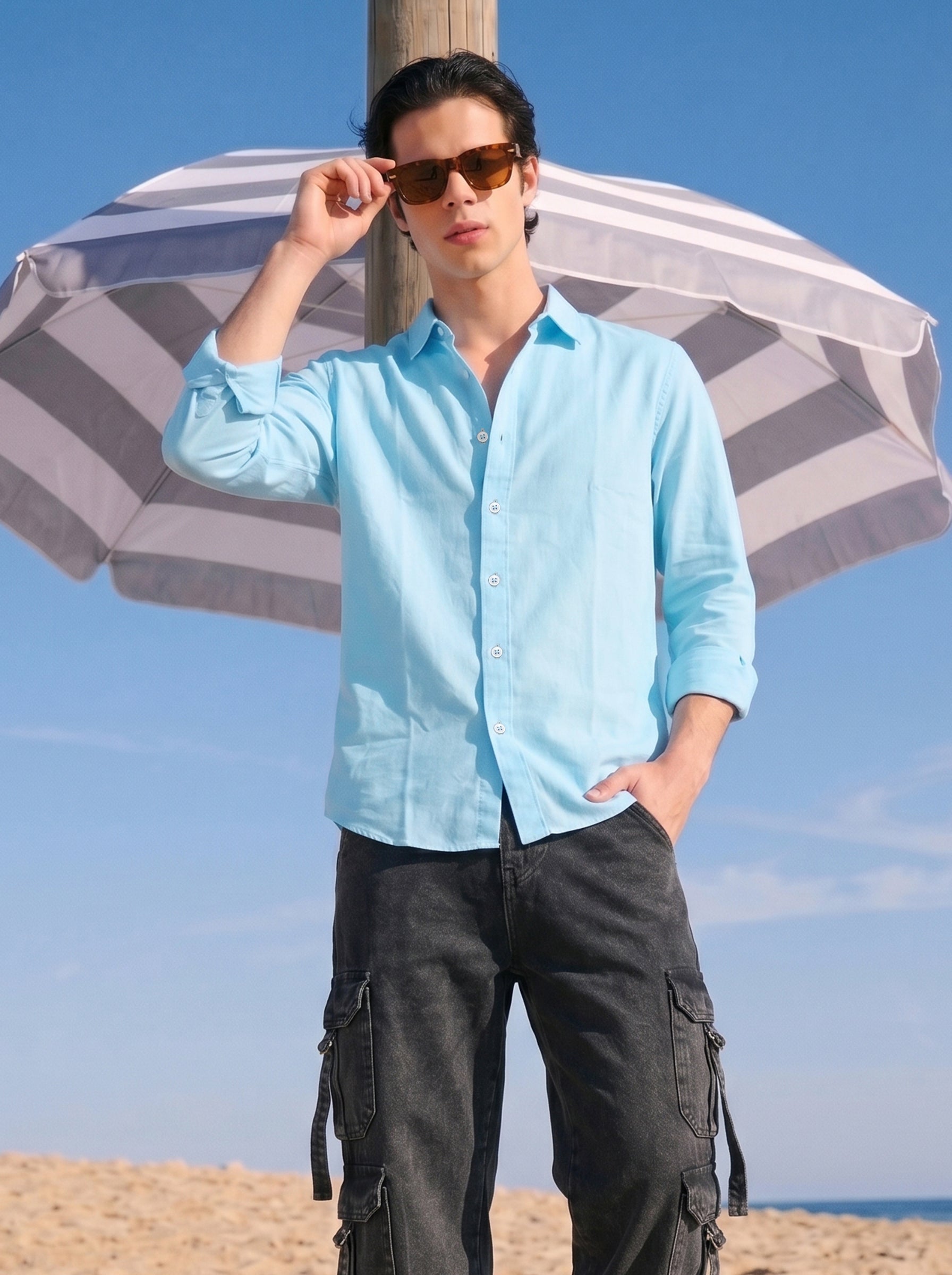 Men's Cotton Sky Blue Relaxed Full Sleeve Shirt