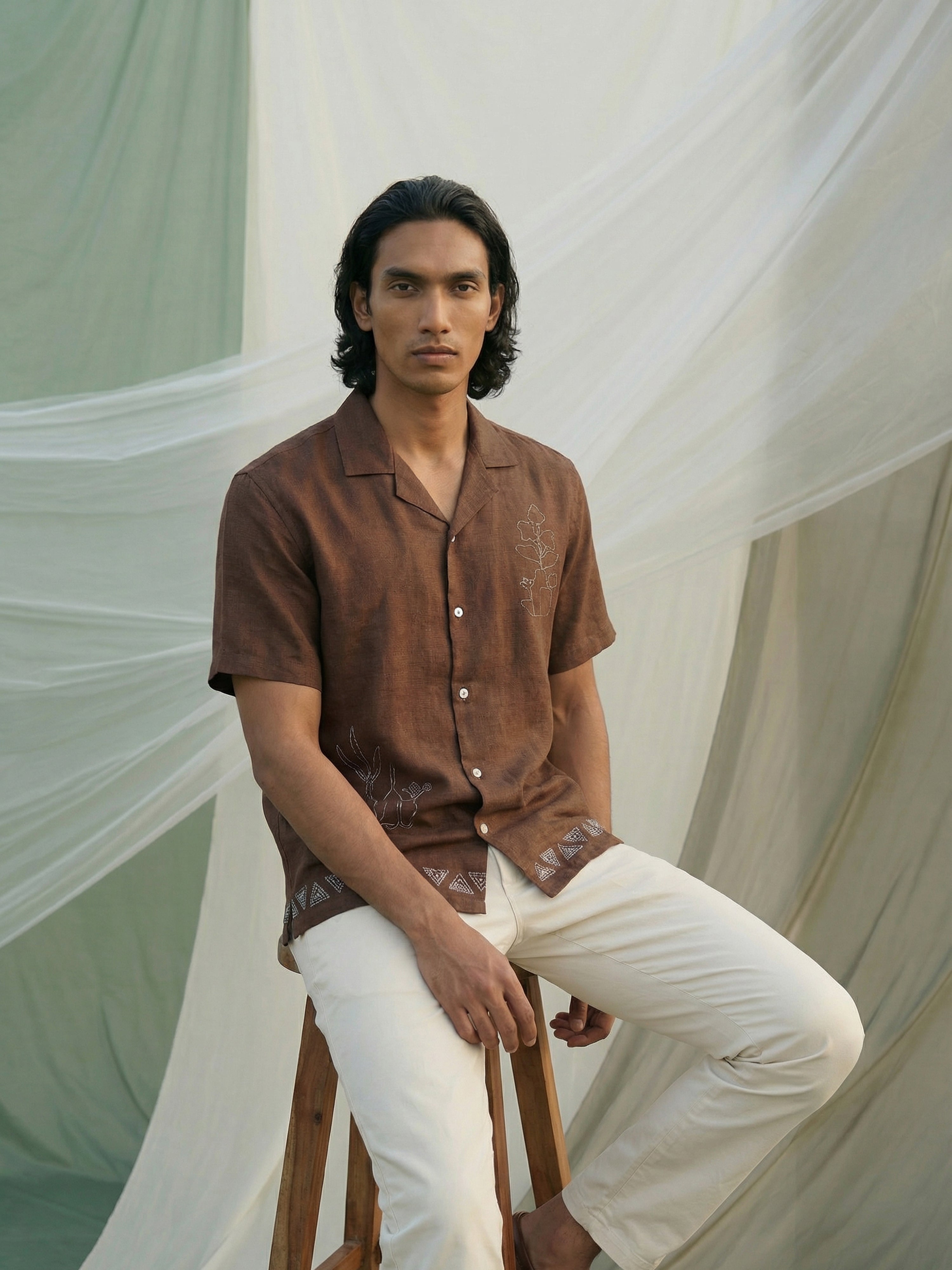 Brown Double Tree Linen Cuban Collar Half Sleeves Shirt For Male