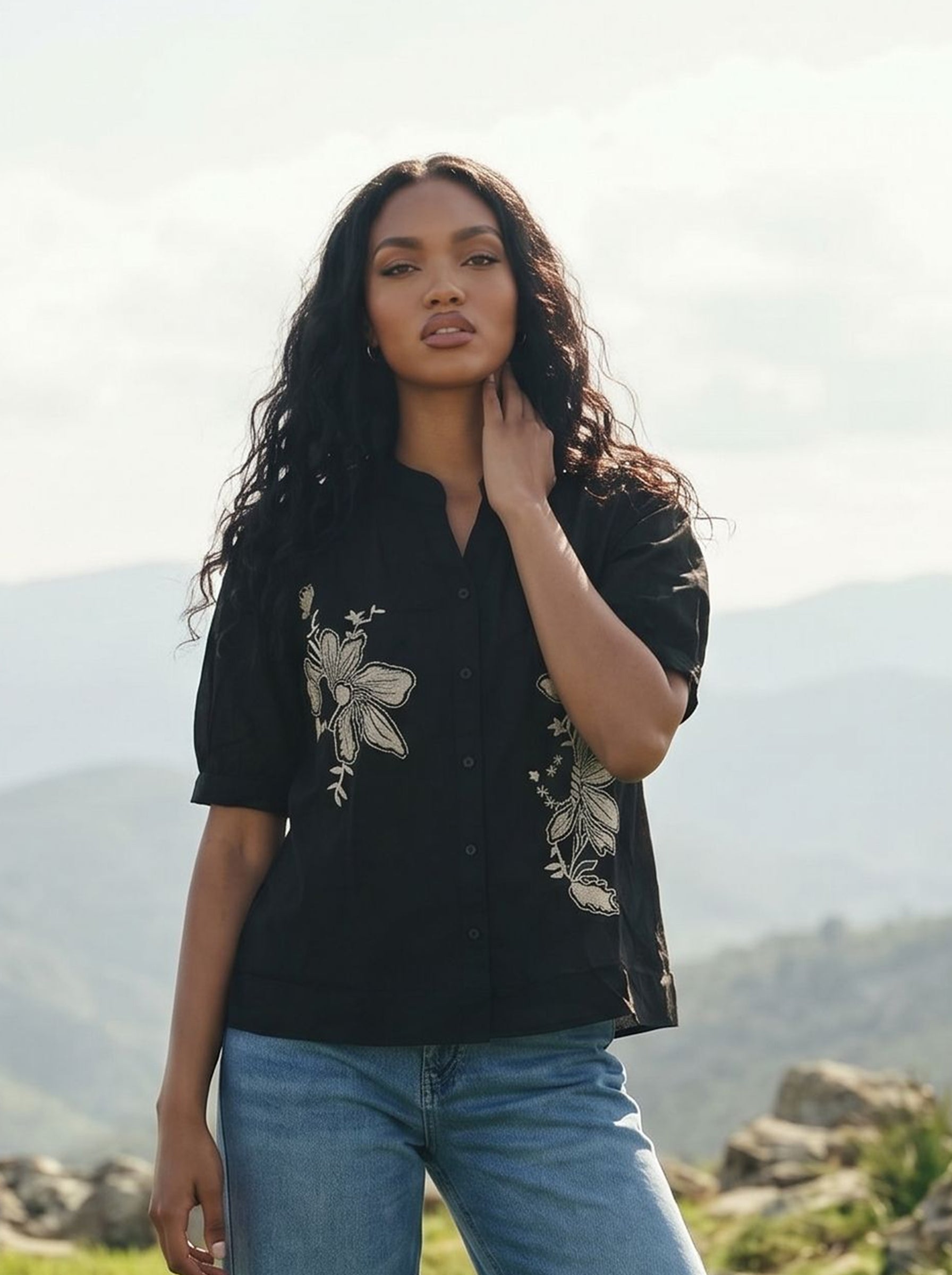 Women's Cotton Linen Black Regular Top