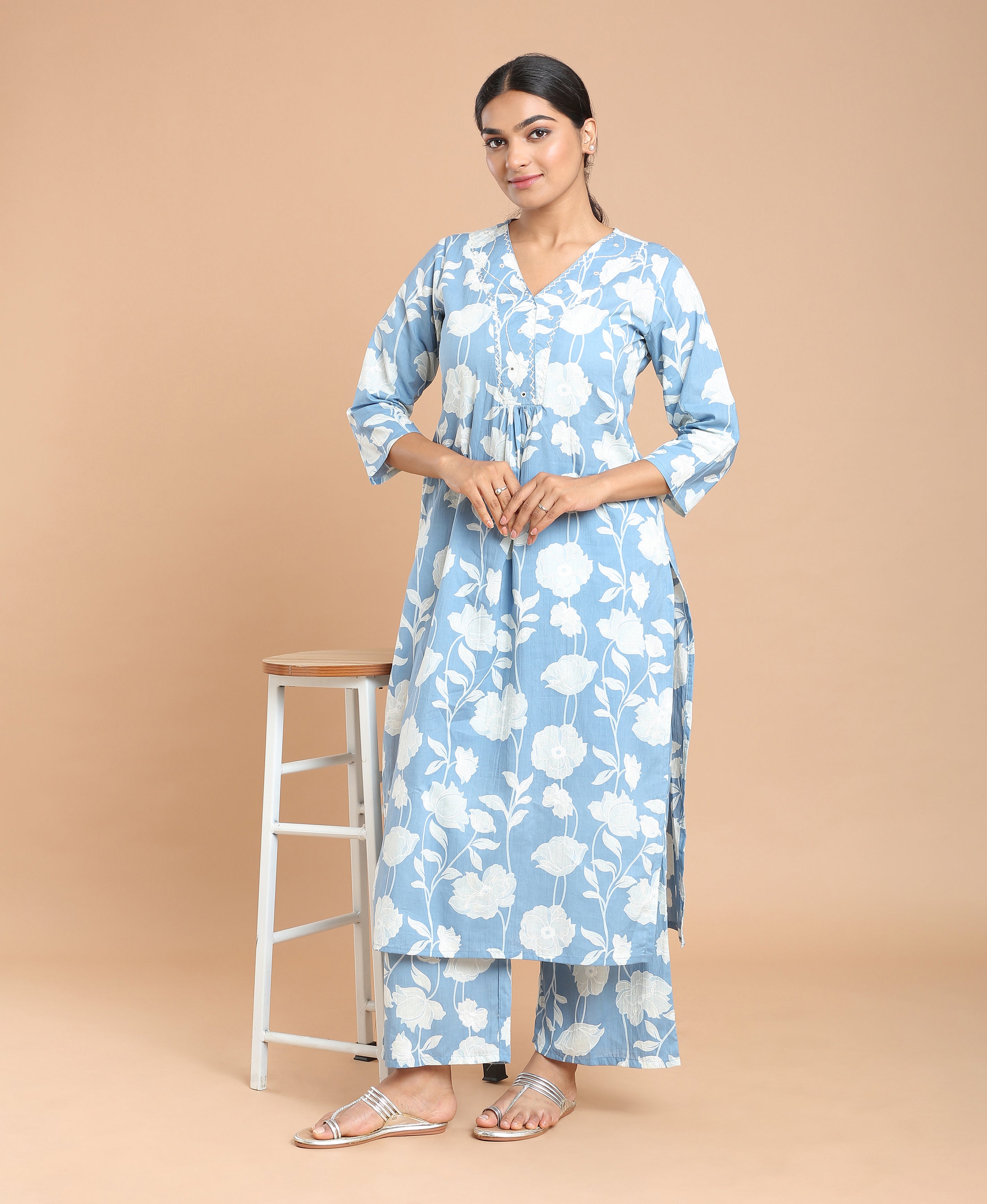 Sky Bloom Cotton Kurti Set