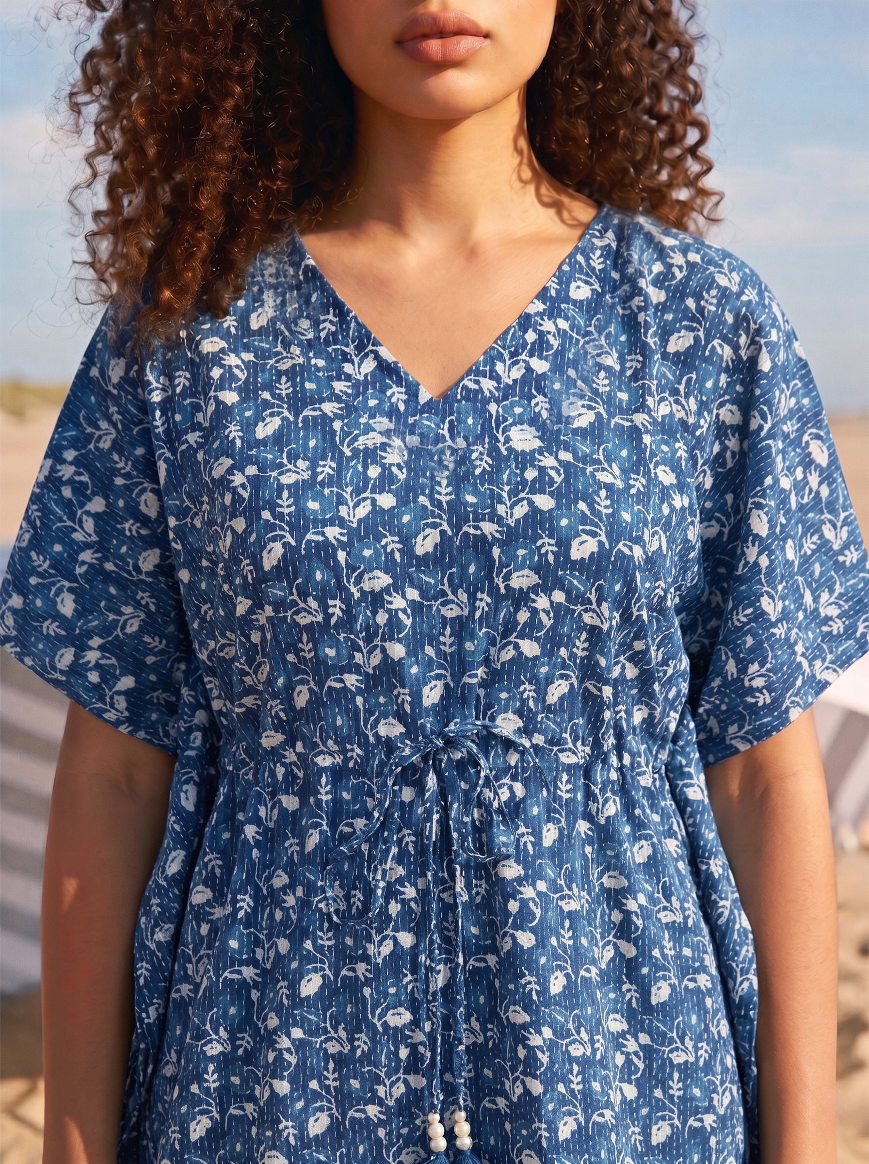 Women's KathaFabric Blue Kaftan Short Printed Kaftan