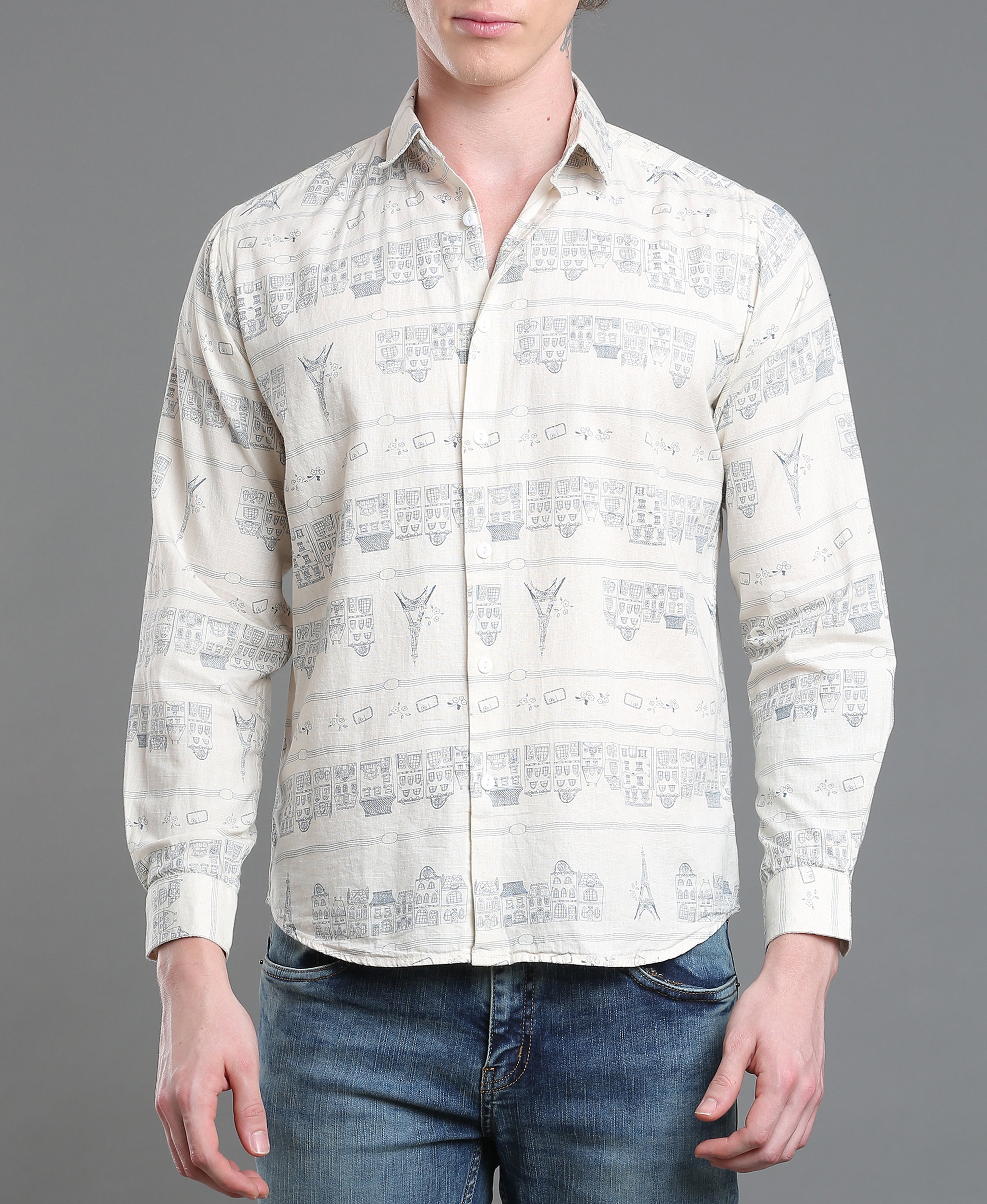Ivory Linen Print Slim Shirt