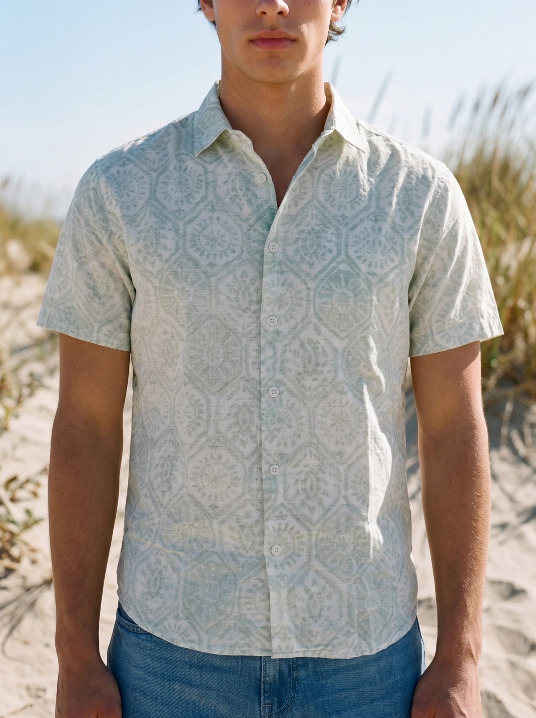 Mens Green Relaxed Half Sleeve Imported Prints Shirt