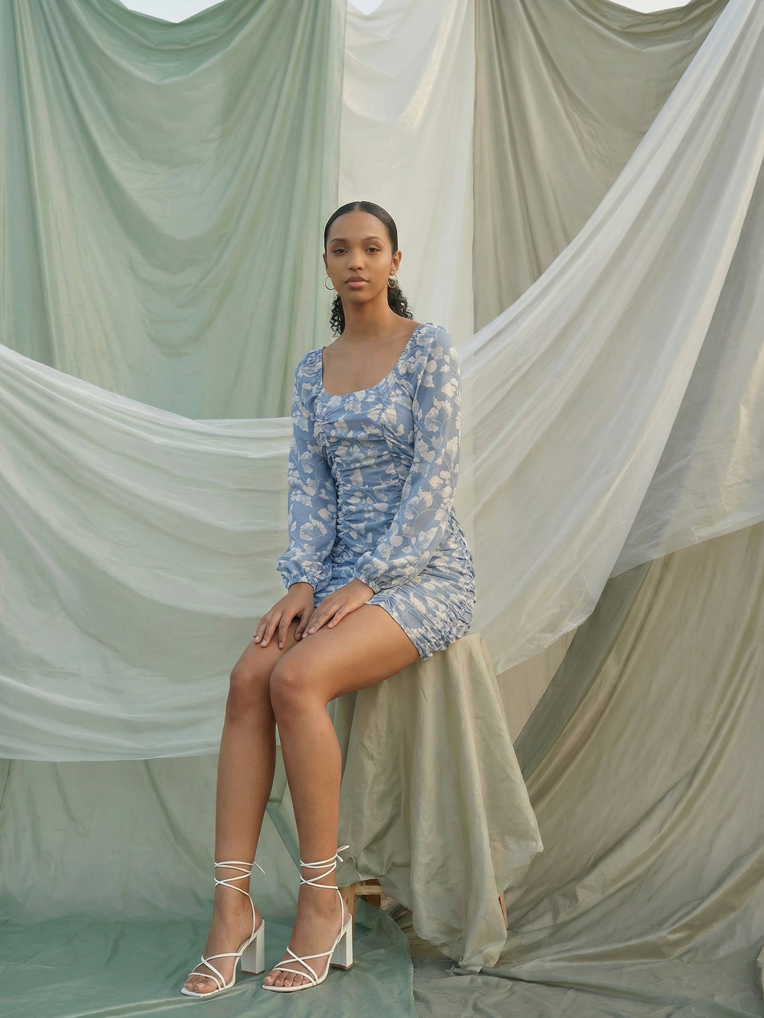 Grey Crepe Square Full Dresses For Female