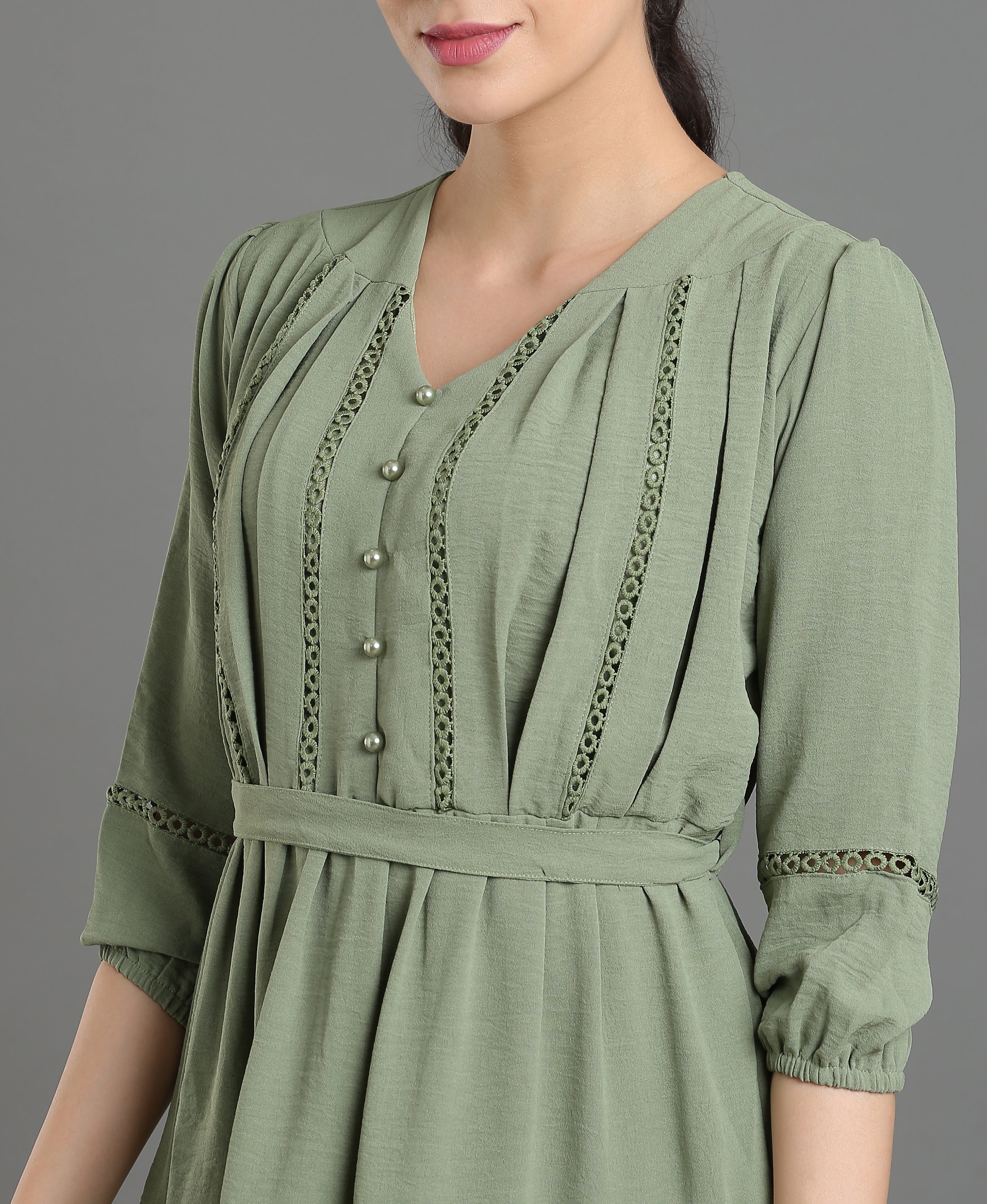 Emerald Glow Polyester Flared Dress