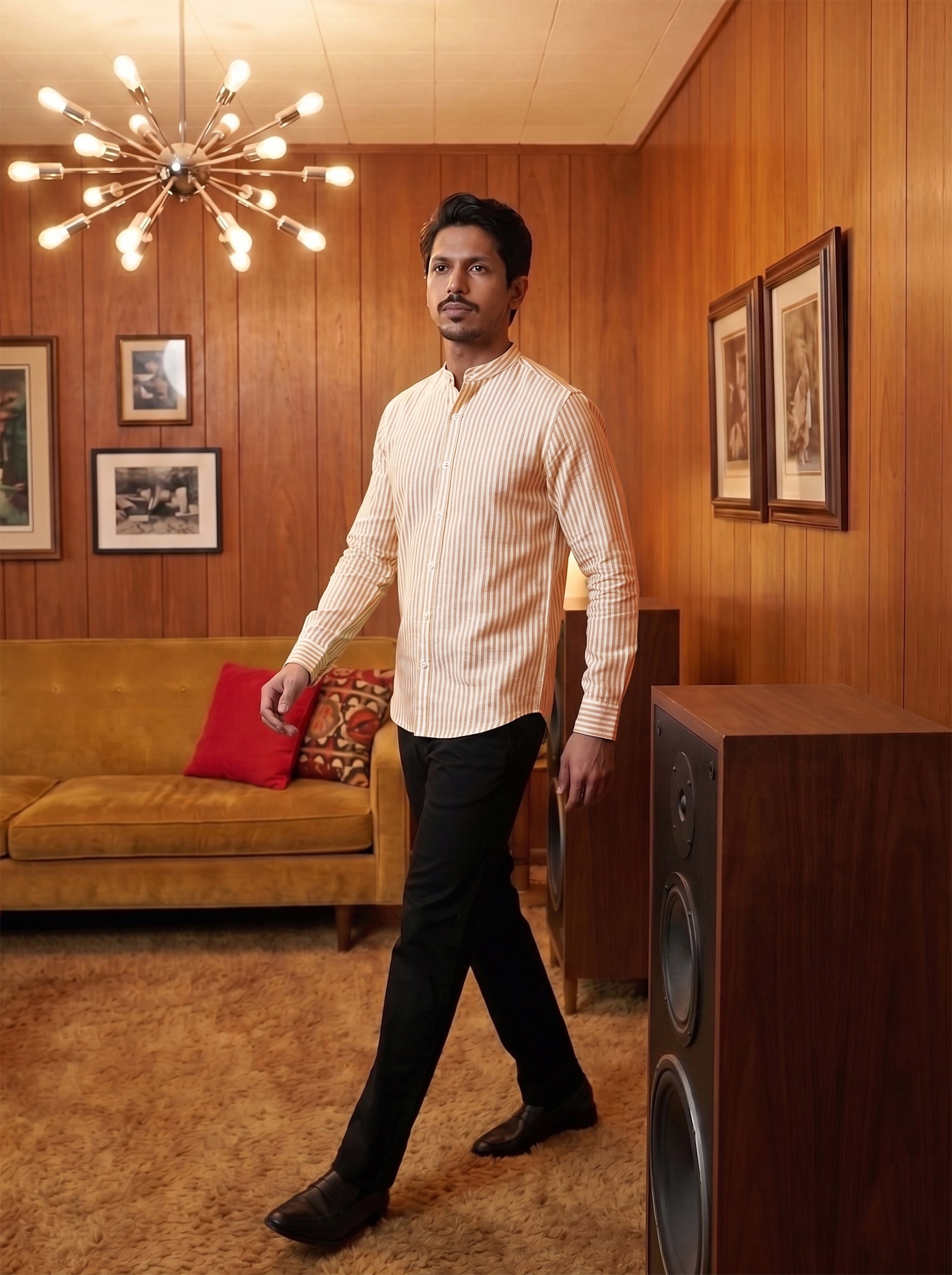 Men's Stripes Beige Yellow Relaxed Fit Shirt