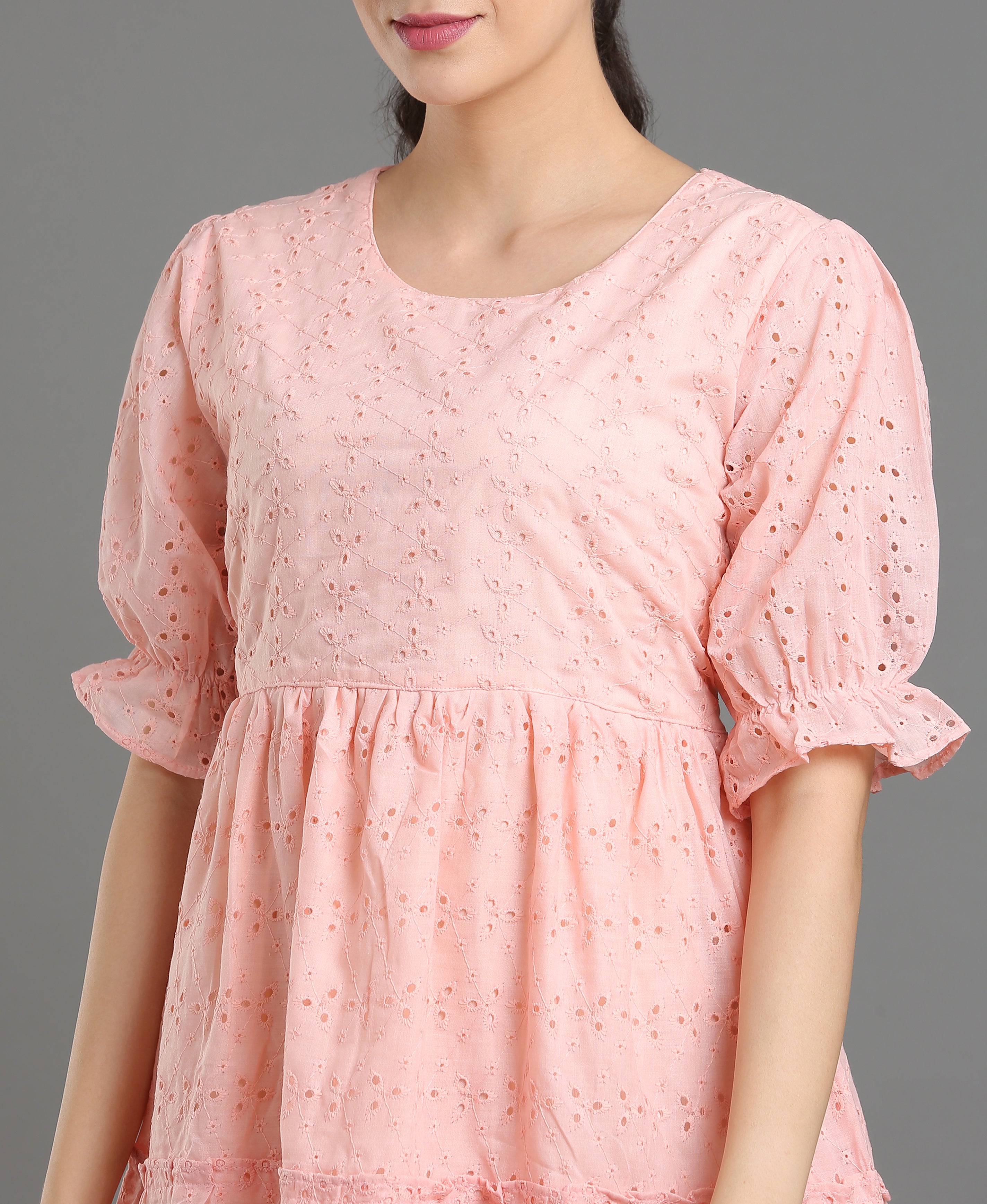 Peach Chiffli Embroidered Flare Dress
