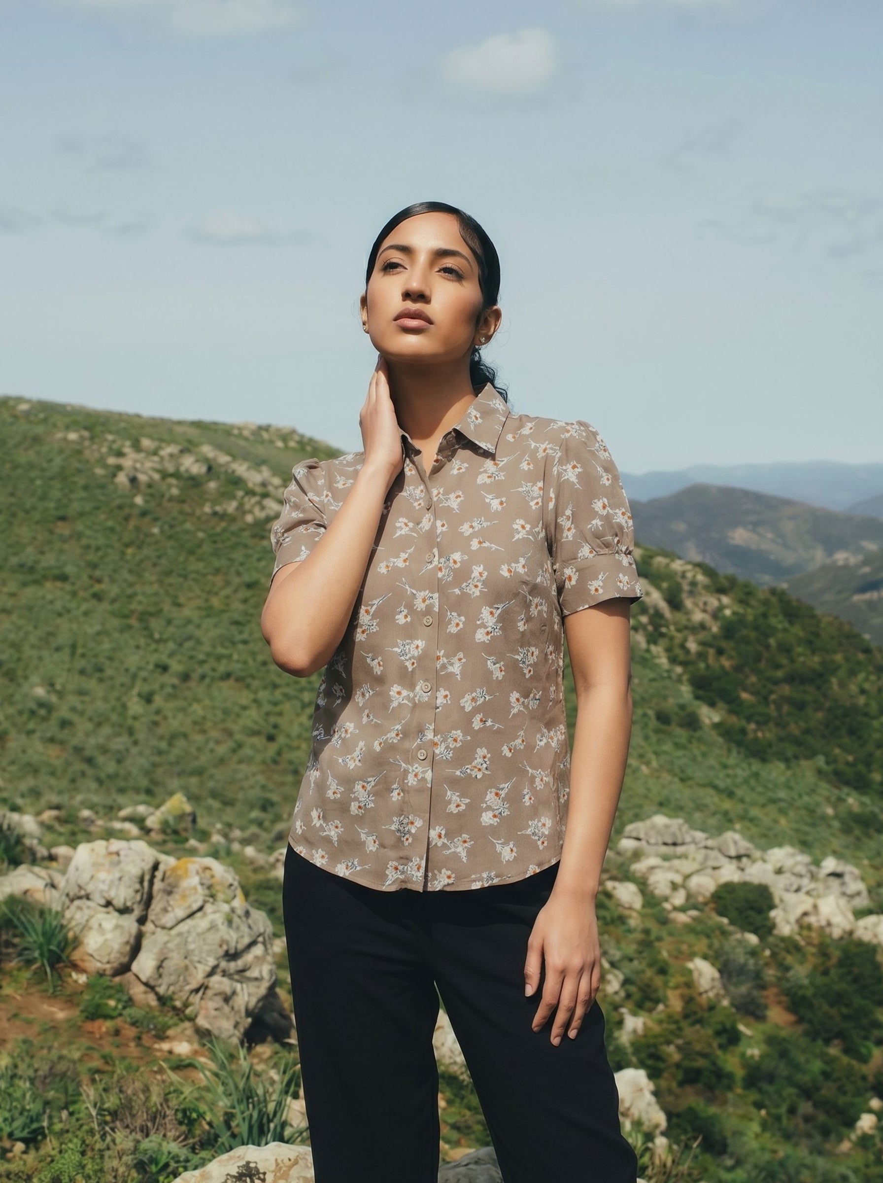 Women's Poly Rayon Brown Regular Shirt