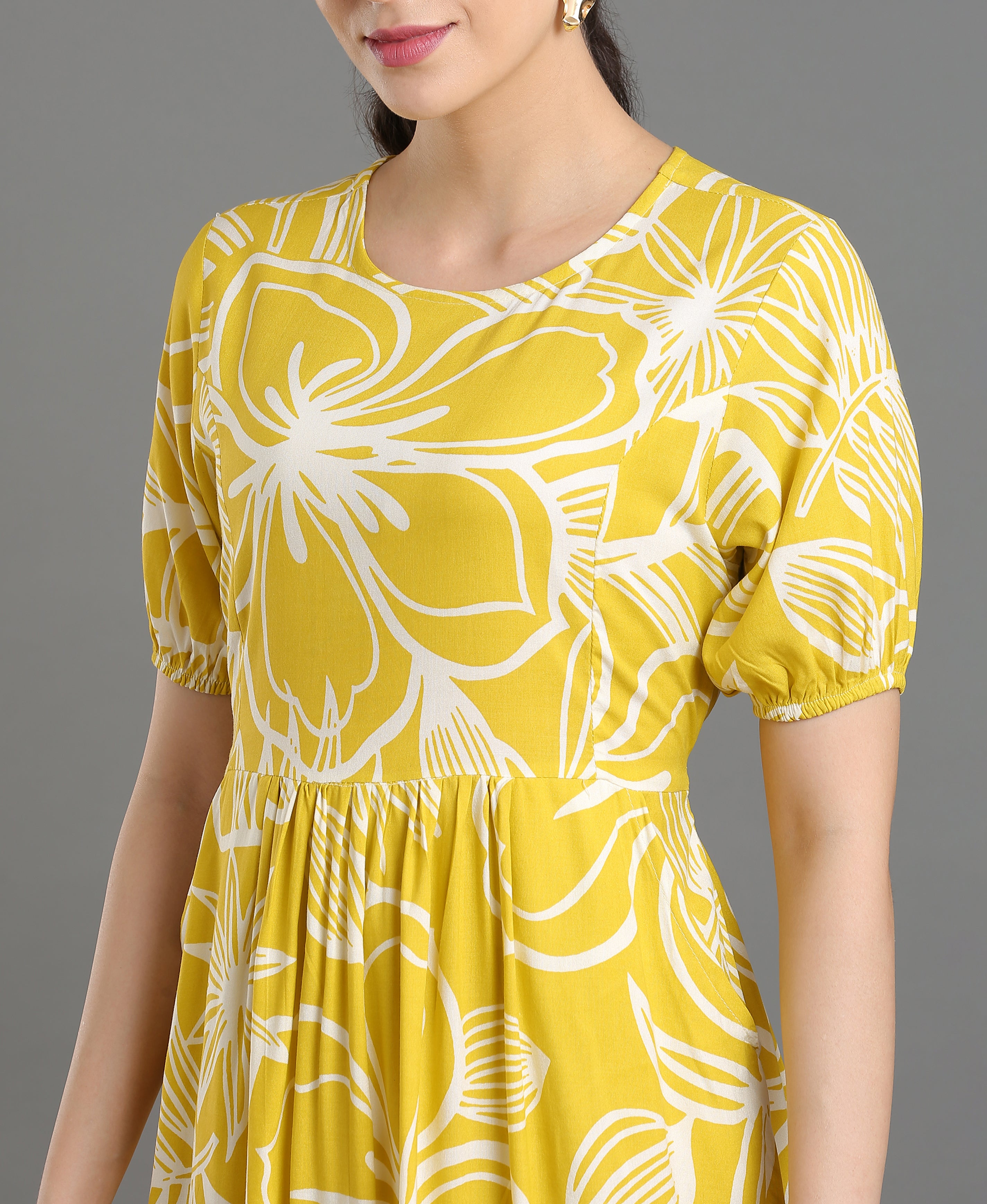 Yellow Bloom Viscose Flare Dress