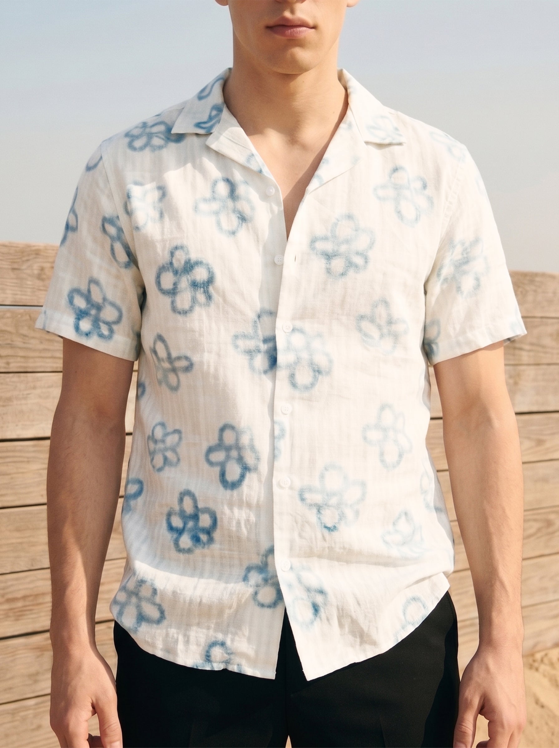 Men's Blue Cuban Collar Relaxed Fit Shirt
