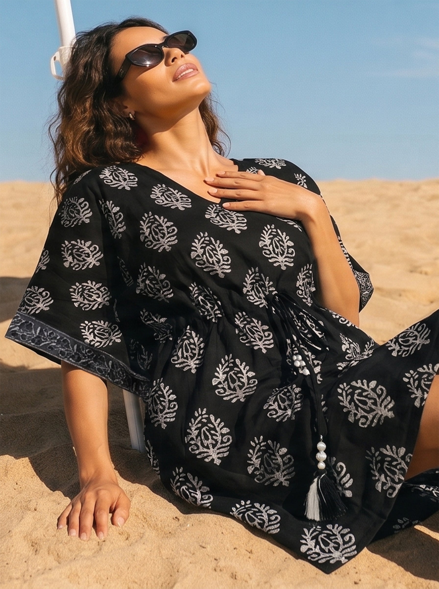 Women's Cambric Cotton Jet black V Neck Sleeveless Kaftan