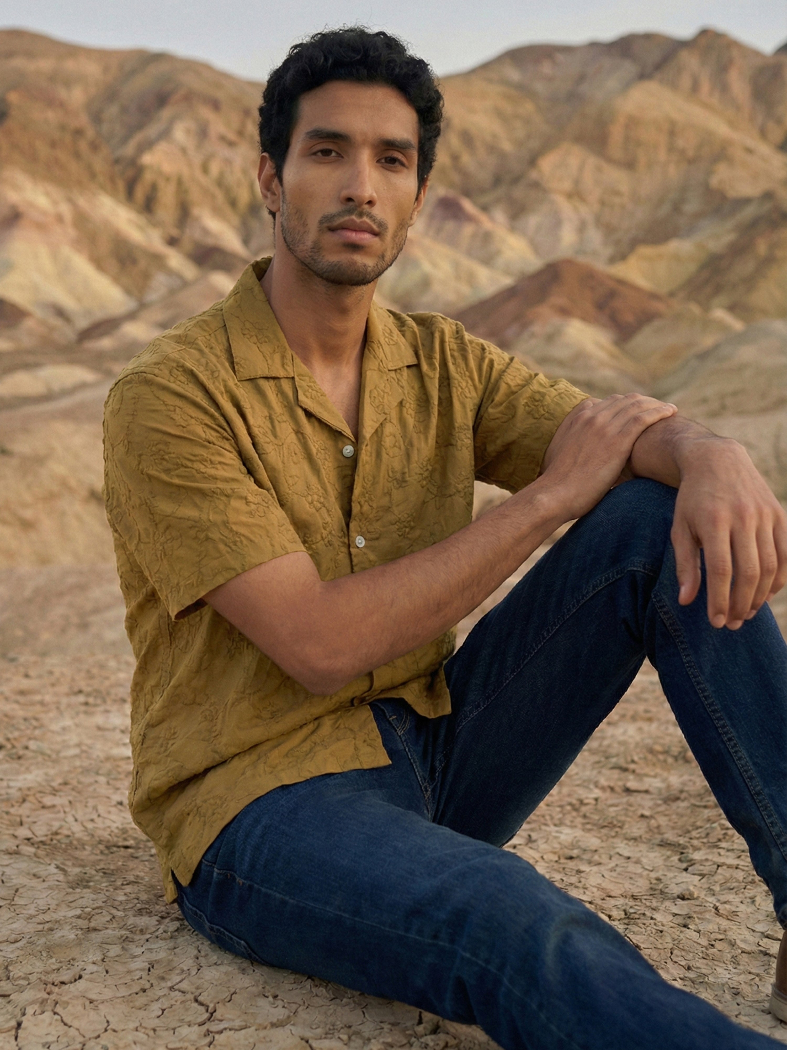 Chocolate Organic Cotton Cuban Collar Half Sleeves Shirt For Male