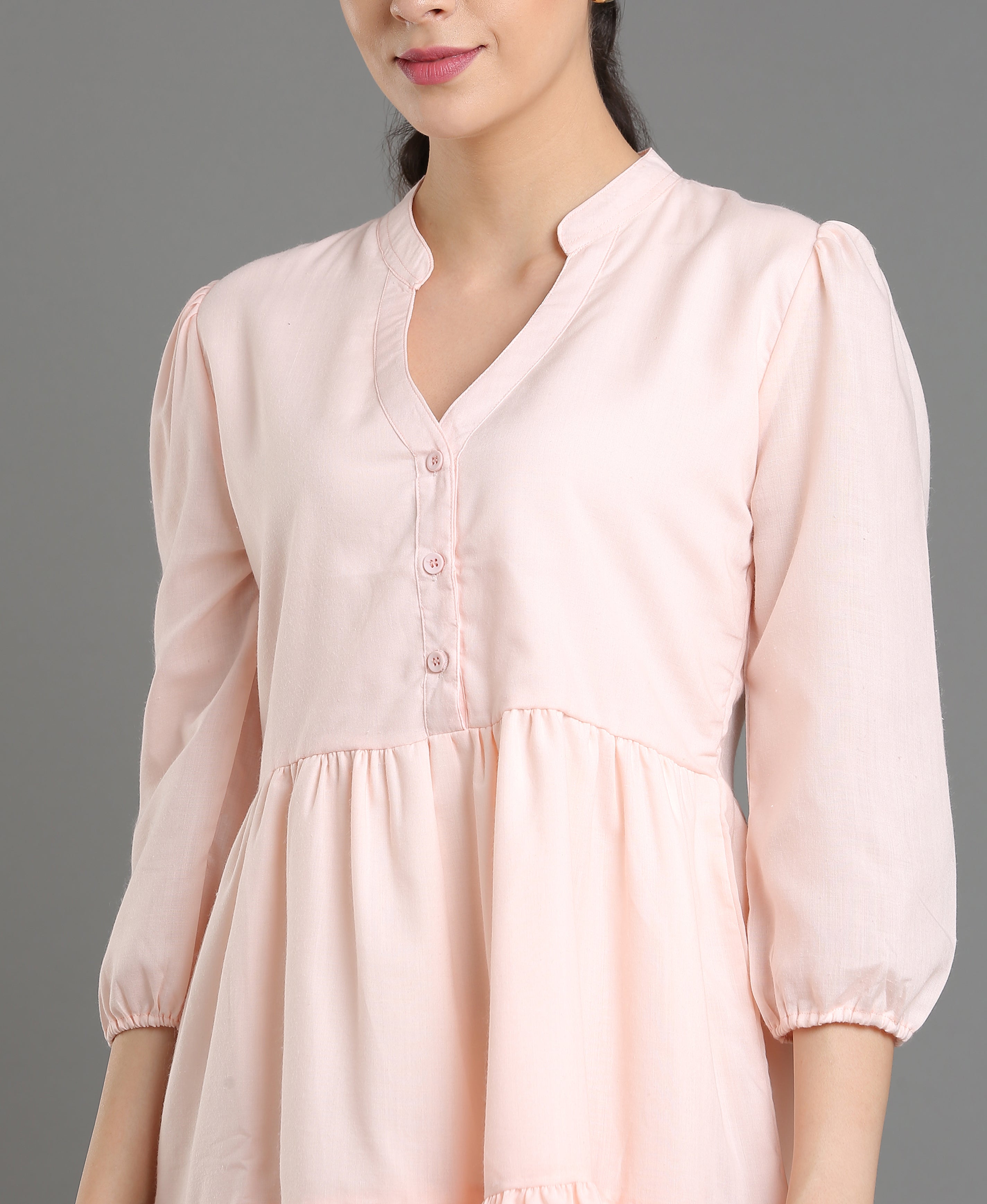 Peach Solid Mandarin Flare Dress