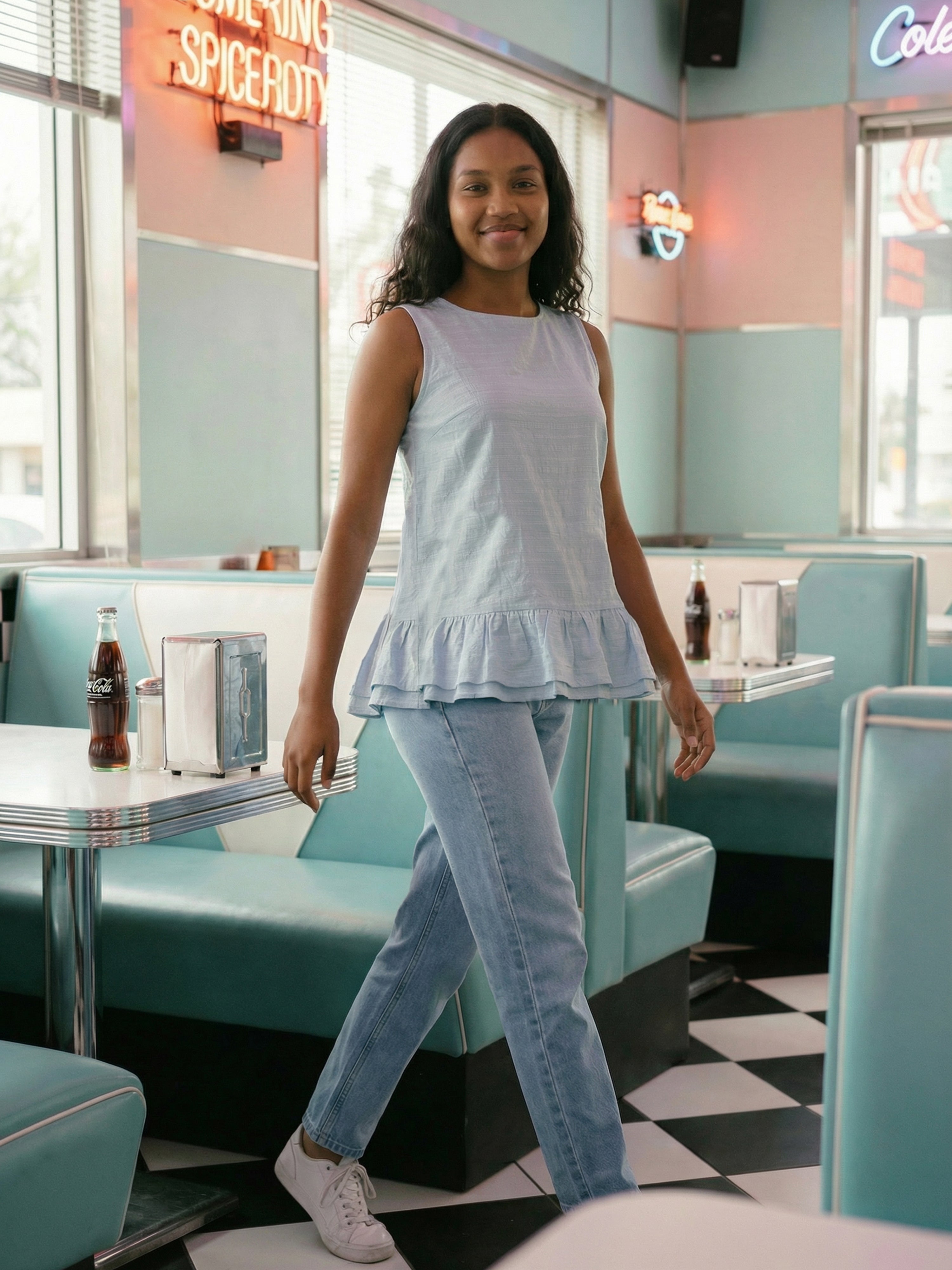 Women's Blue Nylon Viscose Viscos Top with Round Neck Neck