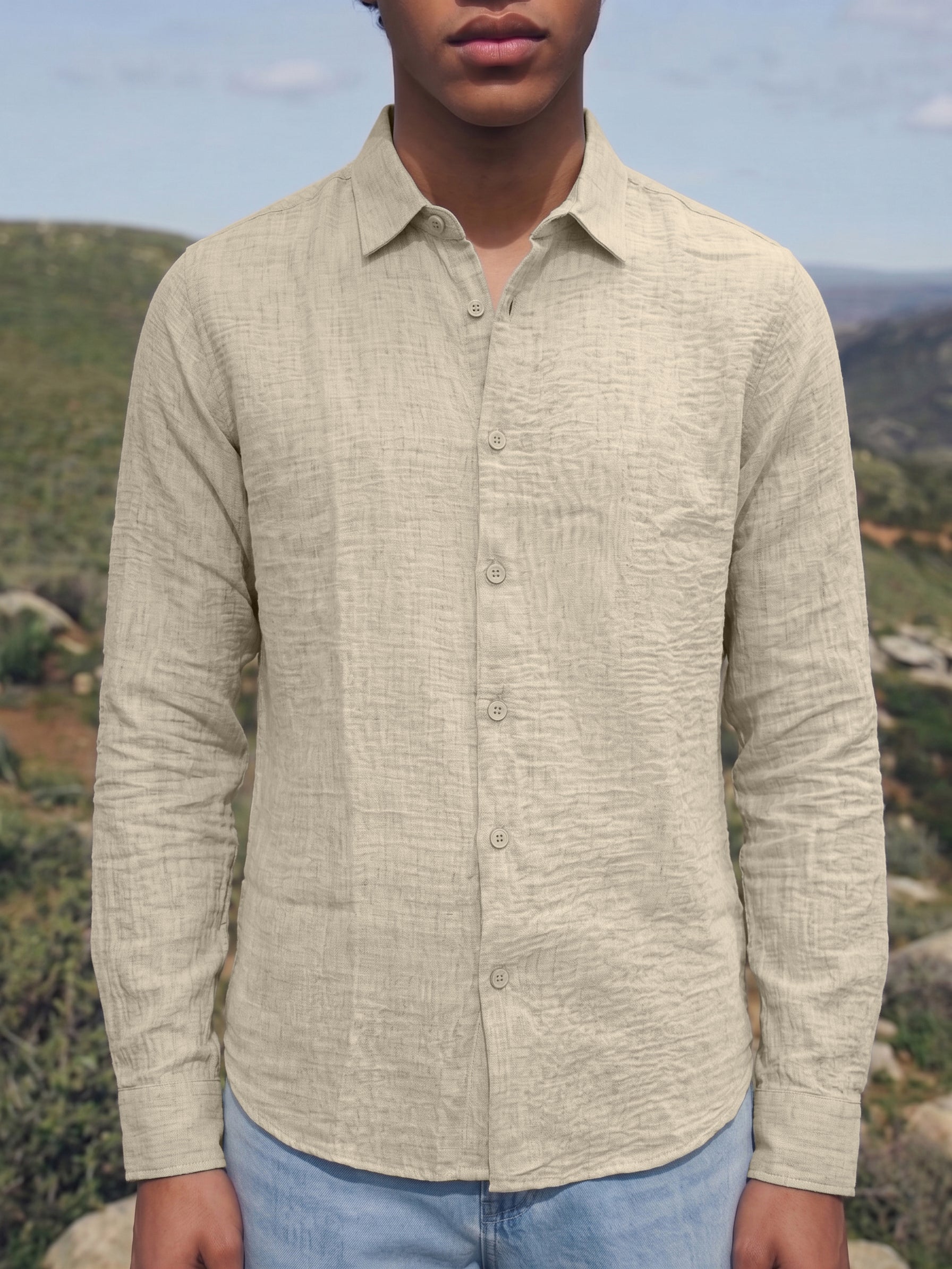 Men's Solid Slub Beige Regular Fit Shirt