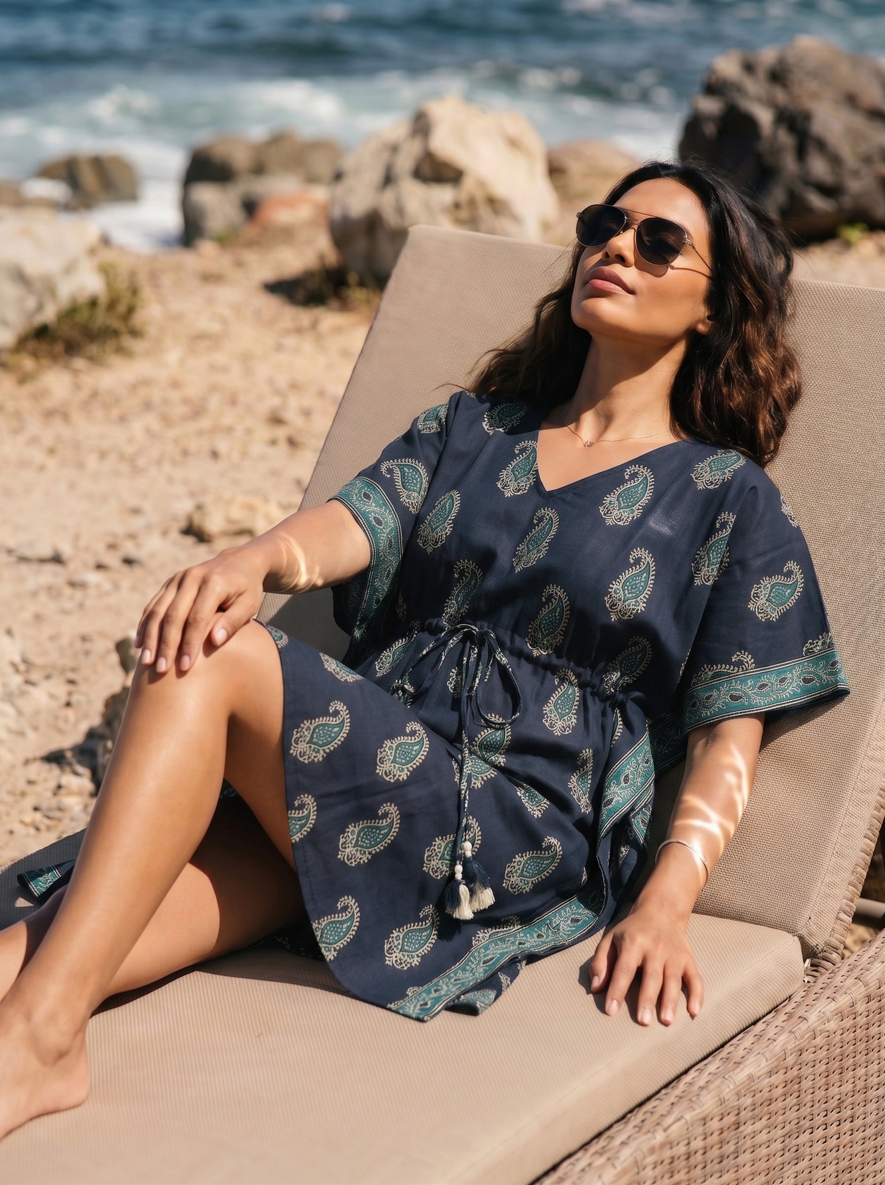 Women's Cambric Cotton Blue Regular Fit Sleeveless Kaftan