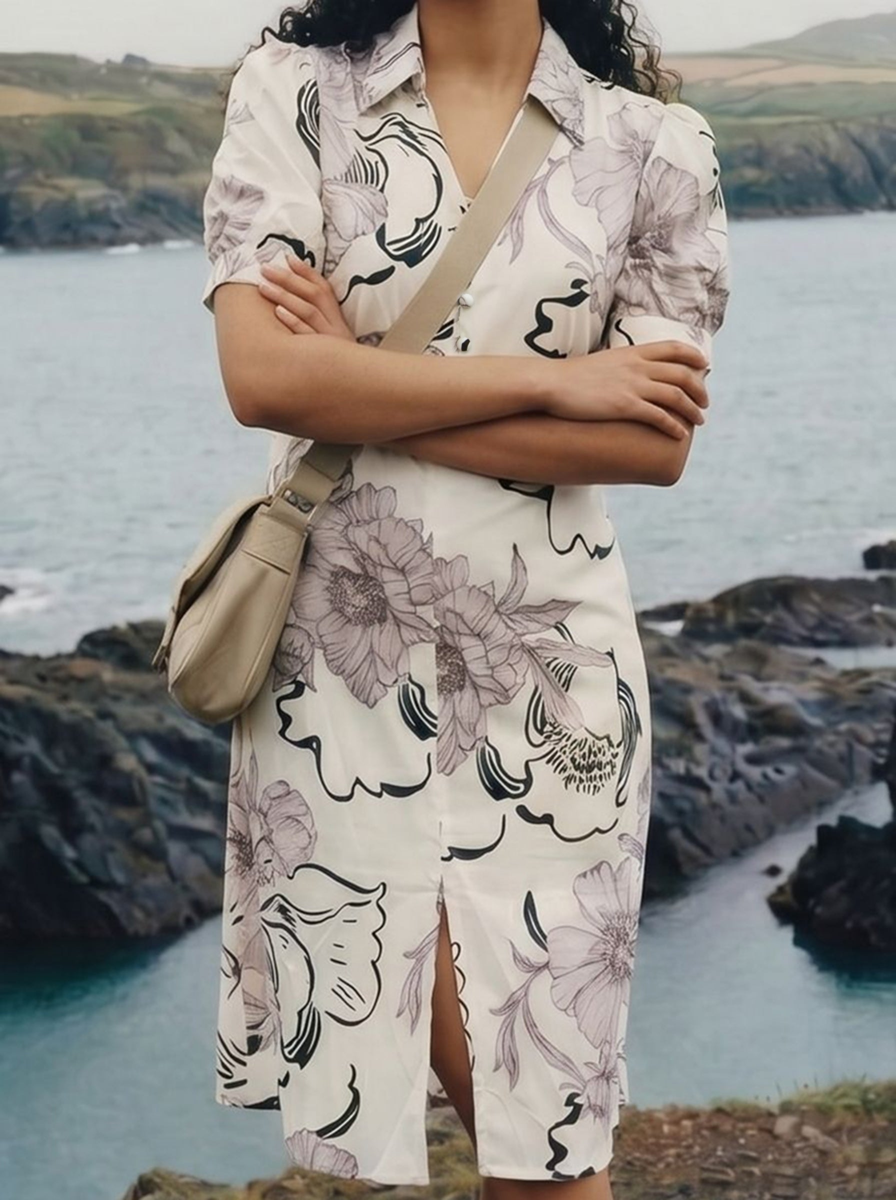 Women's Glame Print White Collar Neck Regular Fit Dresses