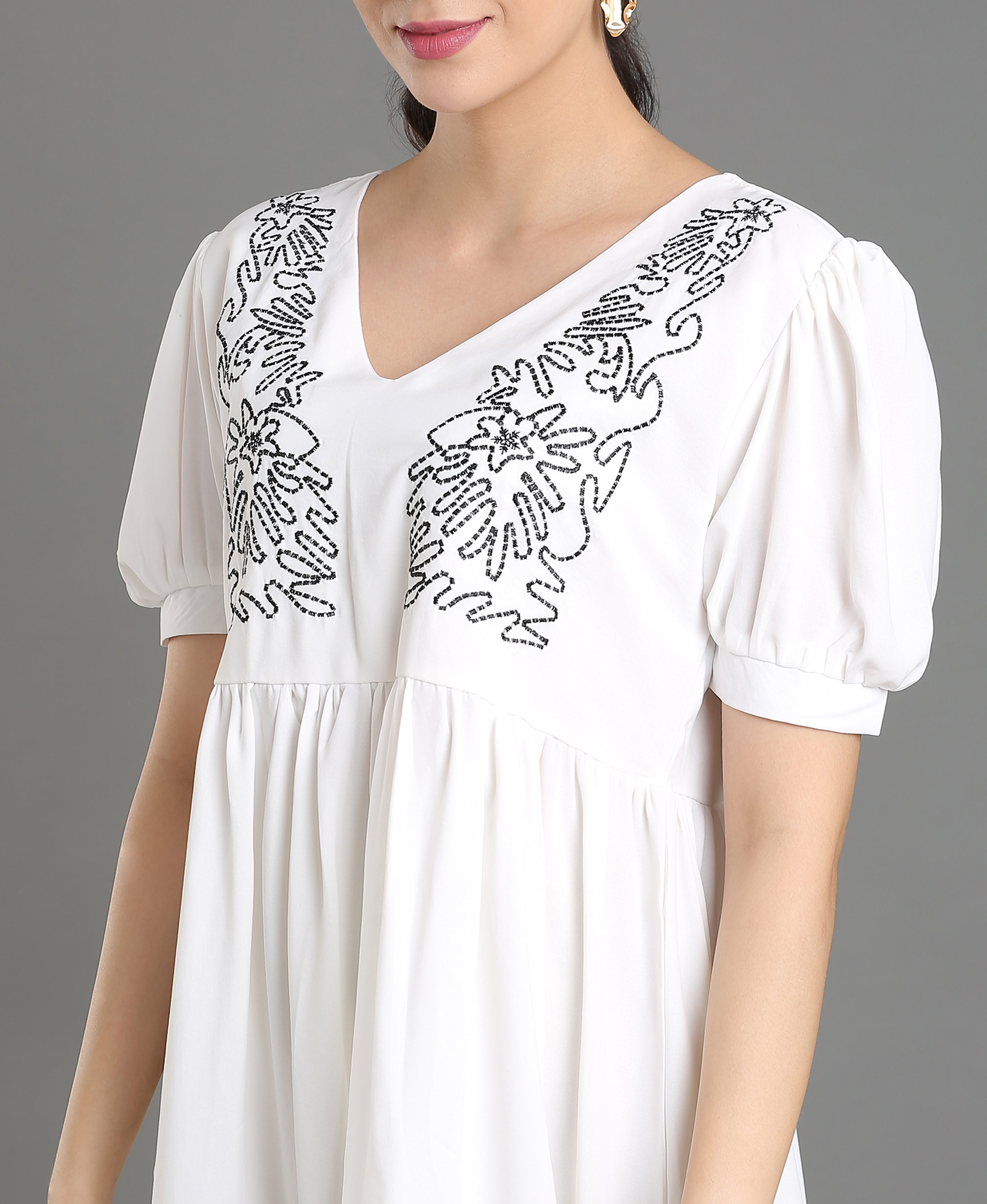 Ivory Embroidered Poly-Cotton Dress