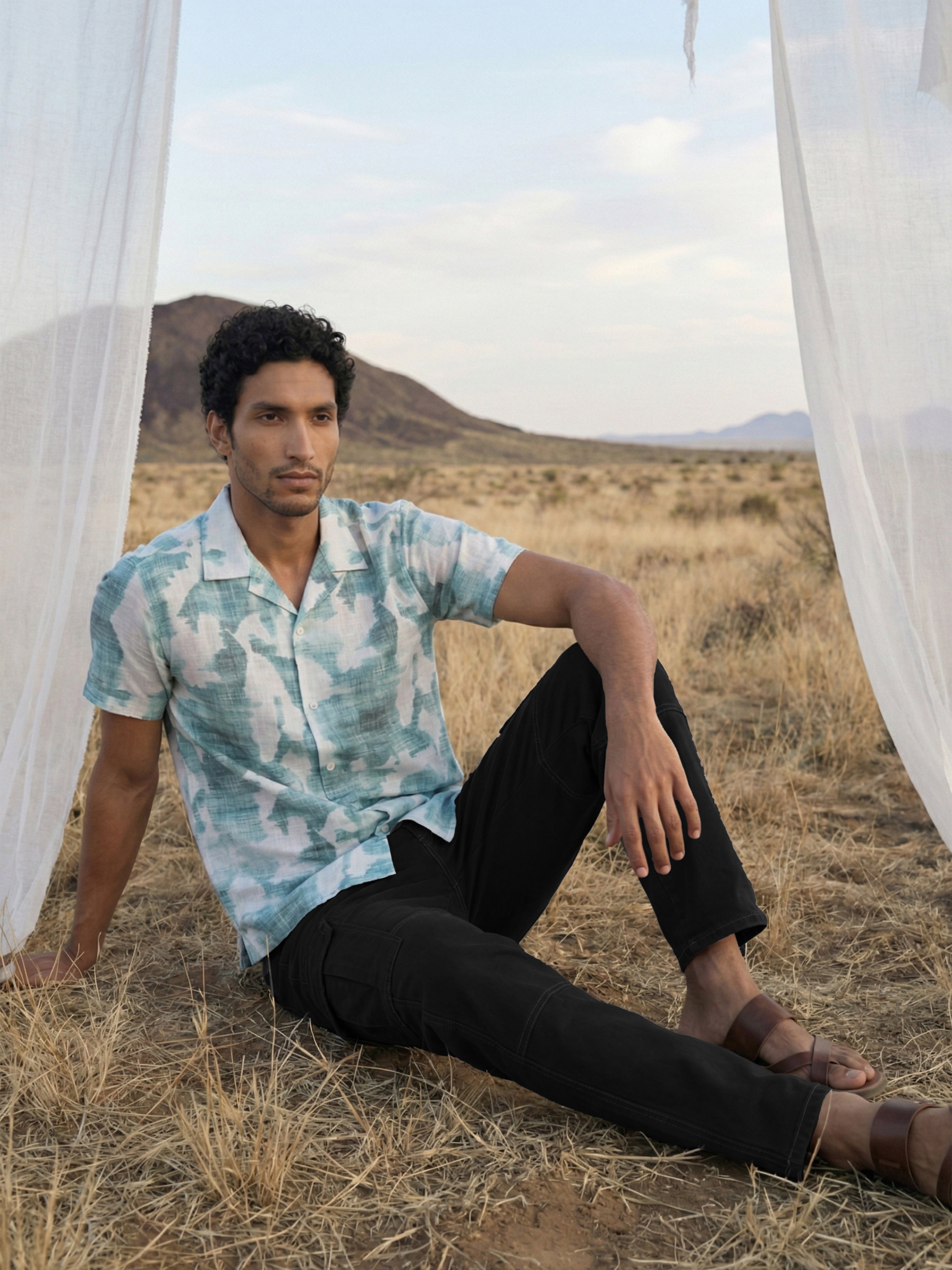 Green Blend Cuban Collar Half Sleeves Shirt For Male