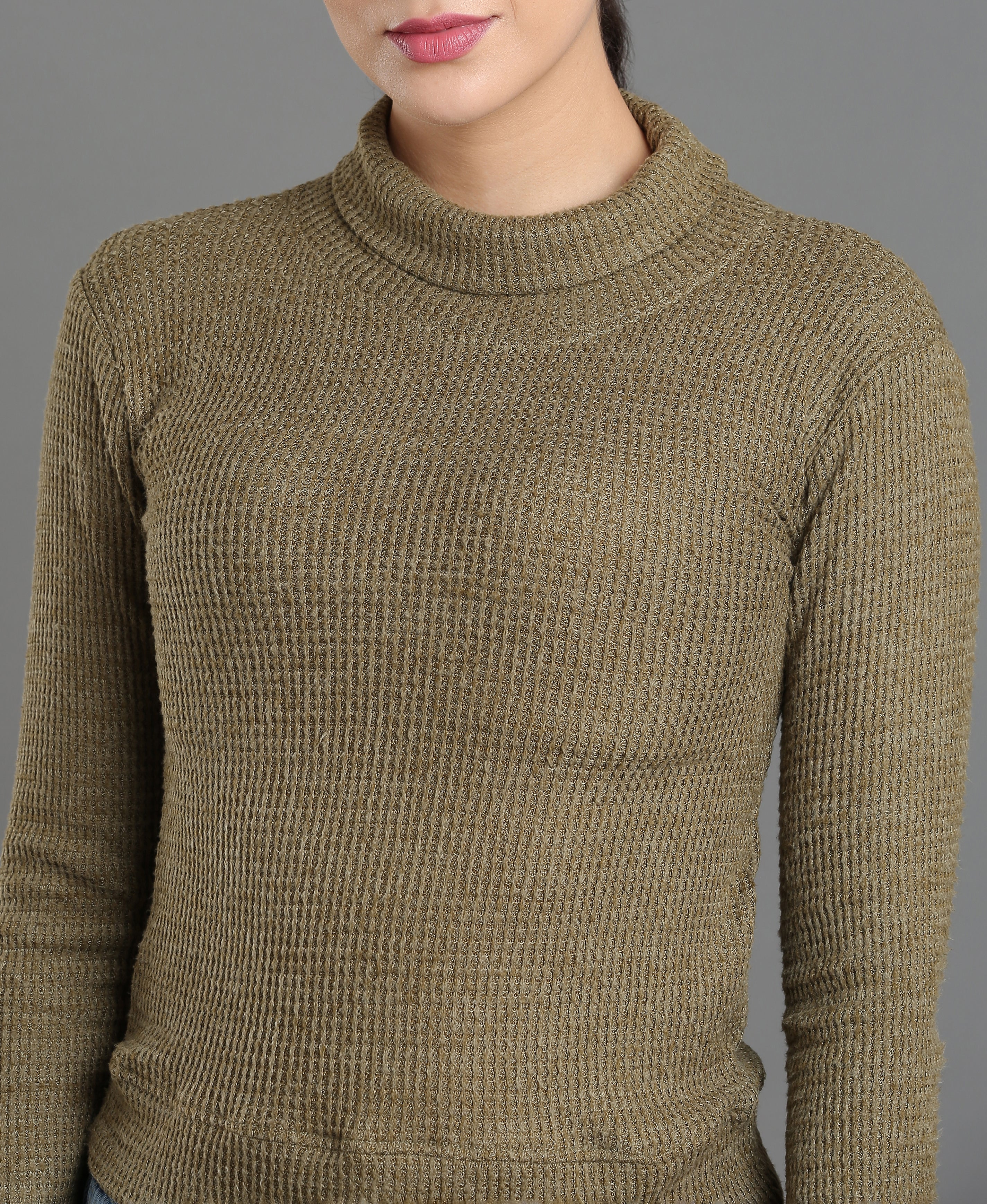 Olive Waffle High Neck Tee