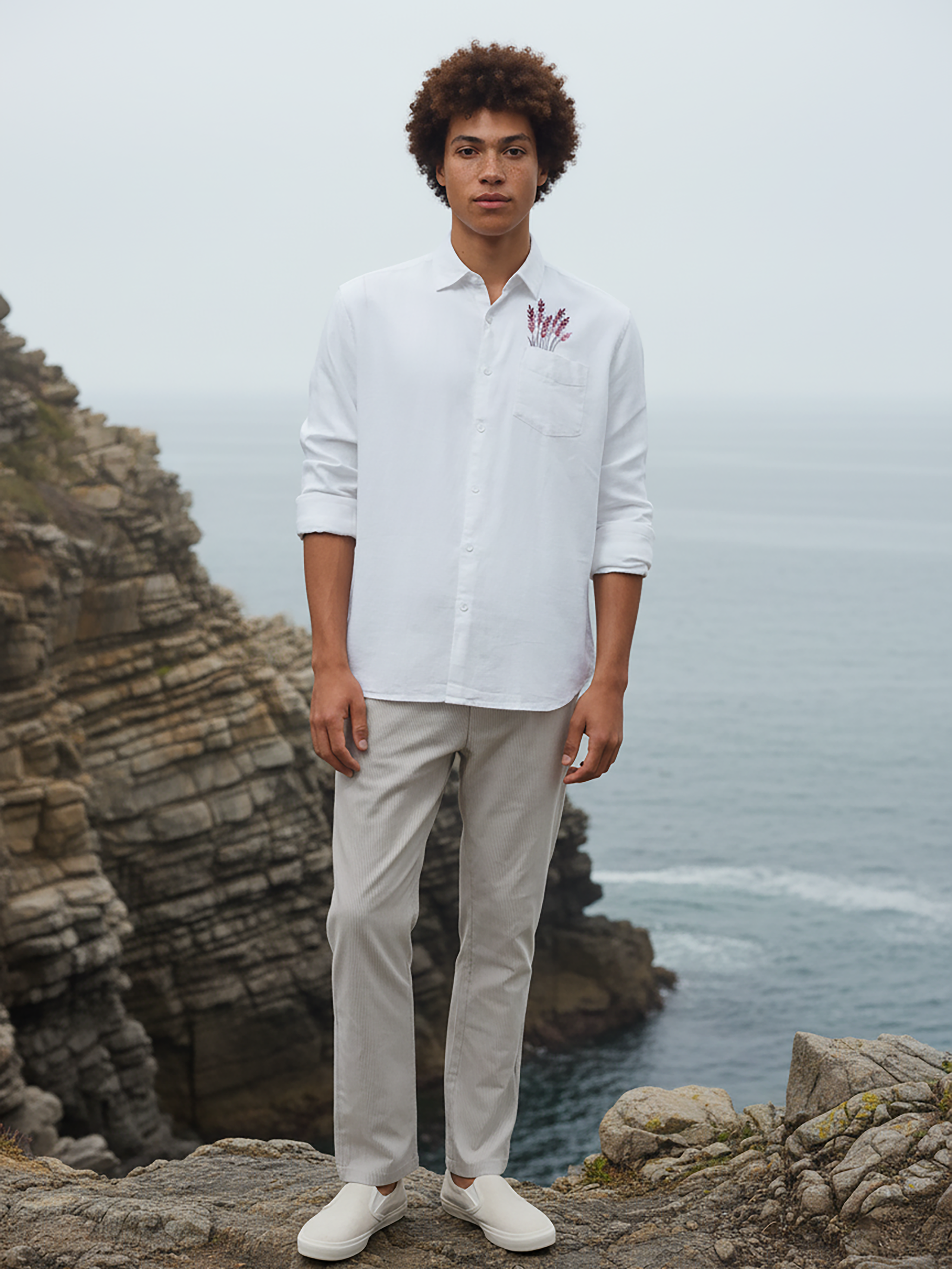 White Slub Embroidered Shirt