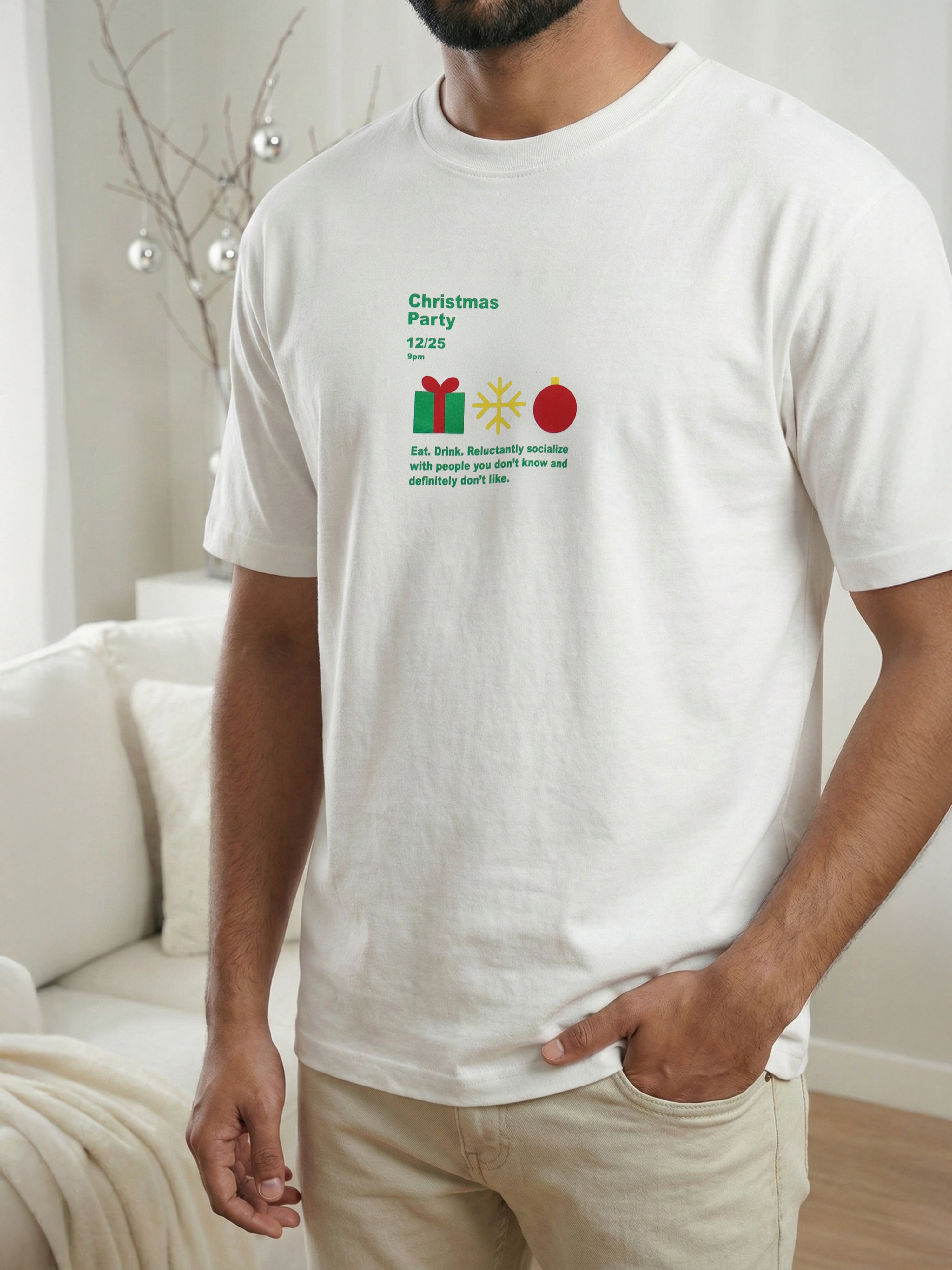 Men’s Christmas Graphic Printed White Cotton T-Shirt