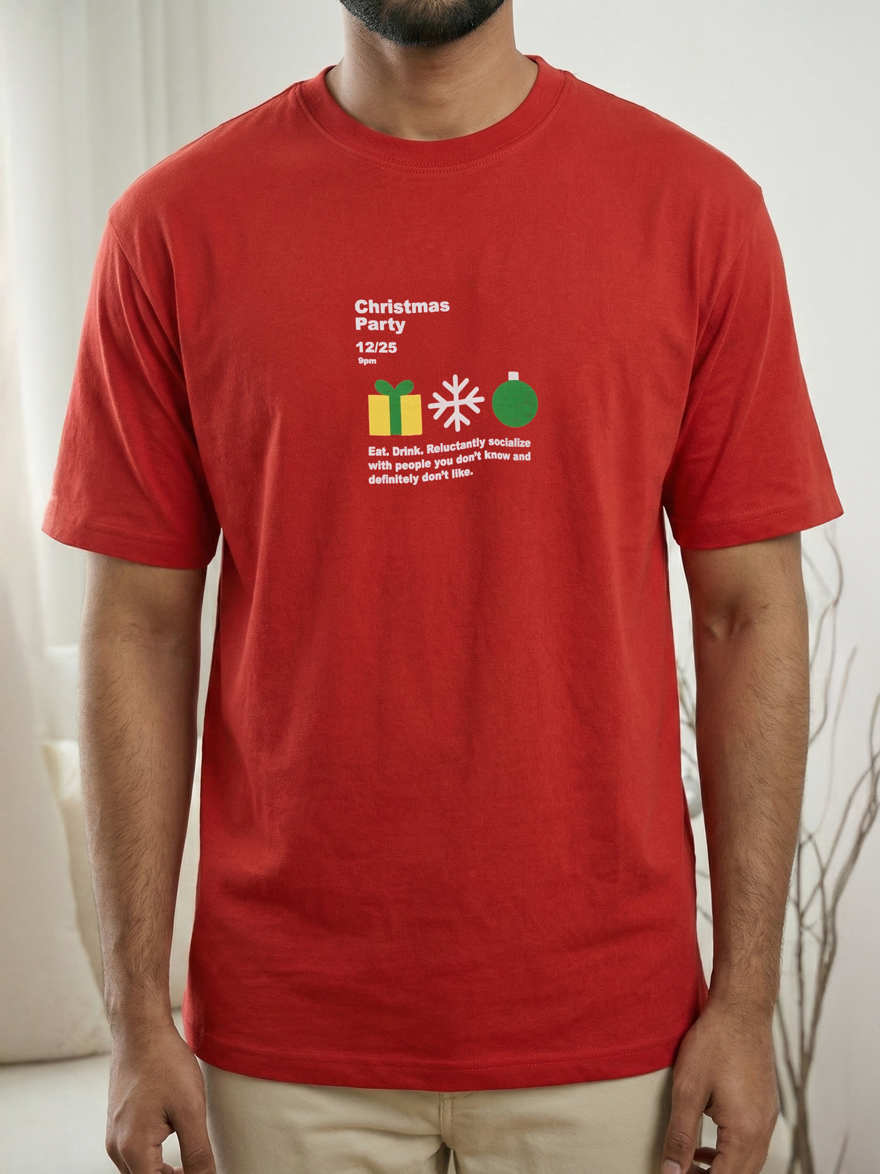 Men’s Christmas Graphic Printed Red Cotton T-Shirt