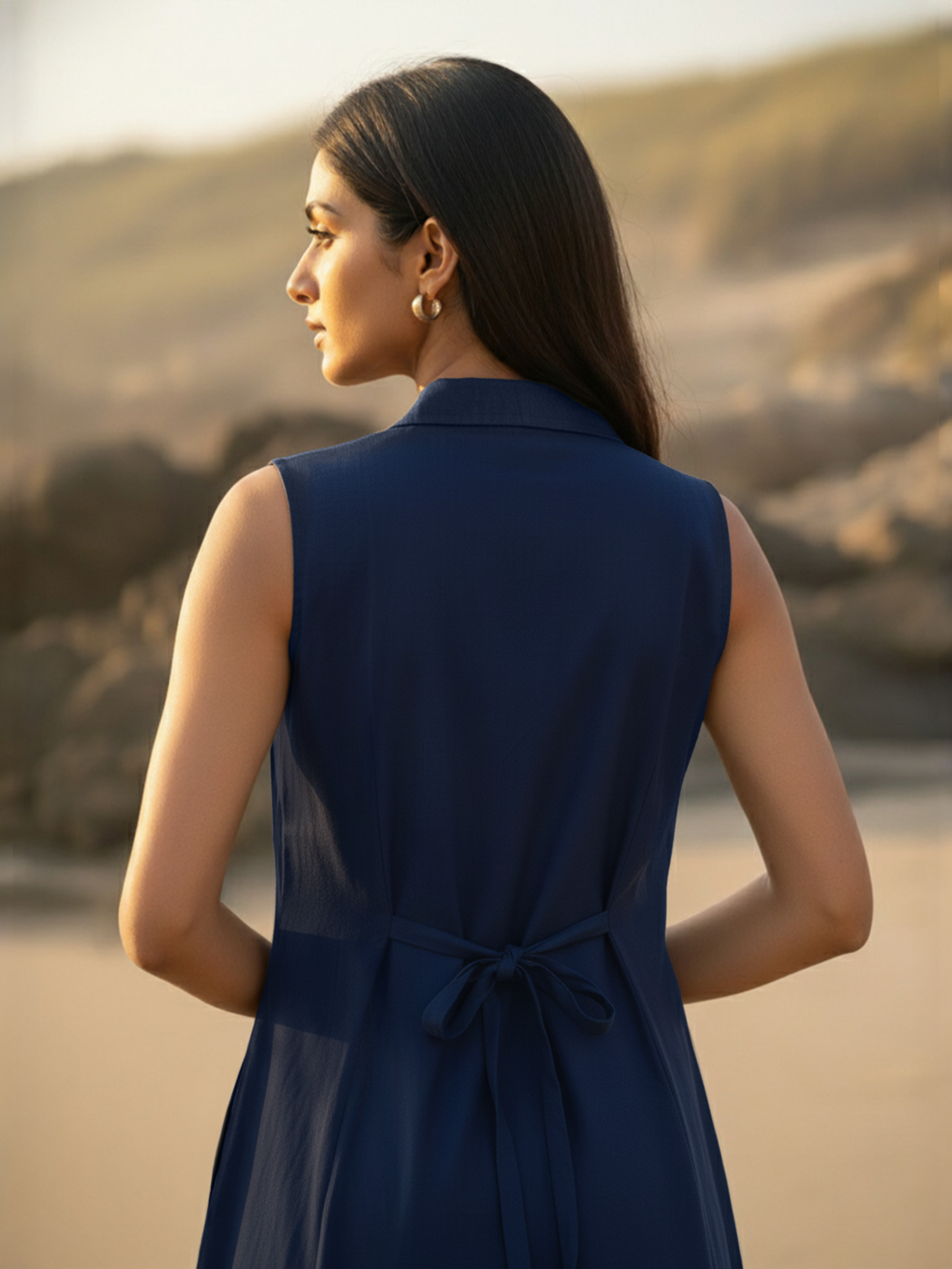 Classic Navy Viscose Flared Dress for Women