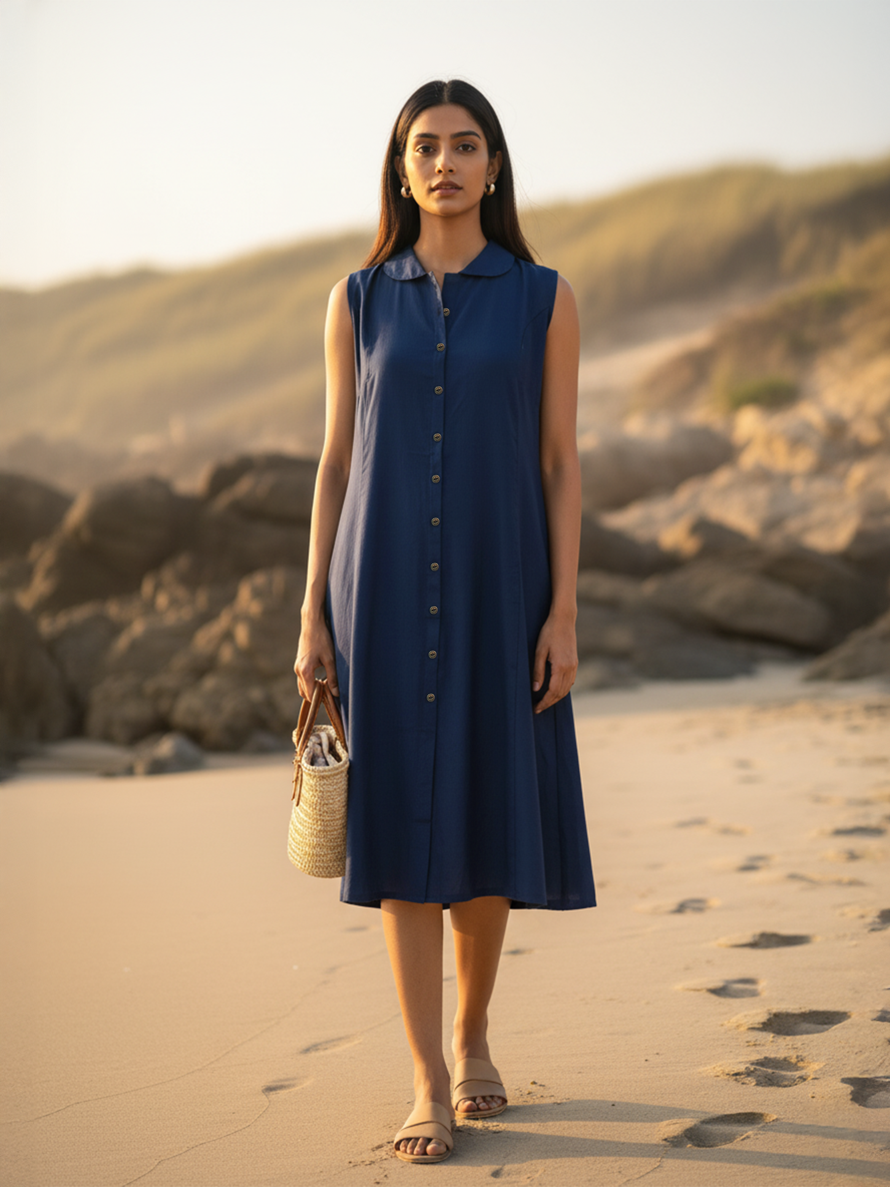 Classic Navy Viscose Flared Dress for Women