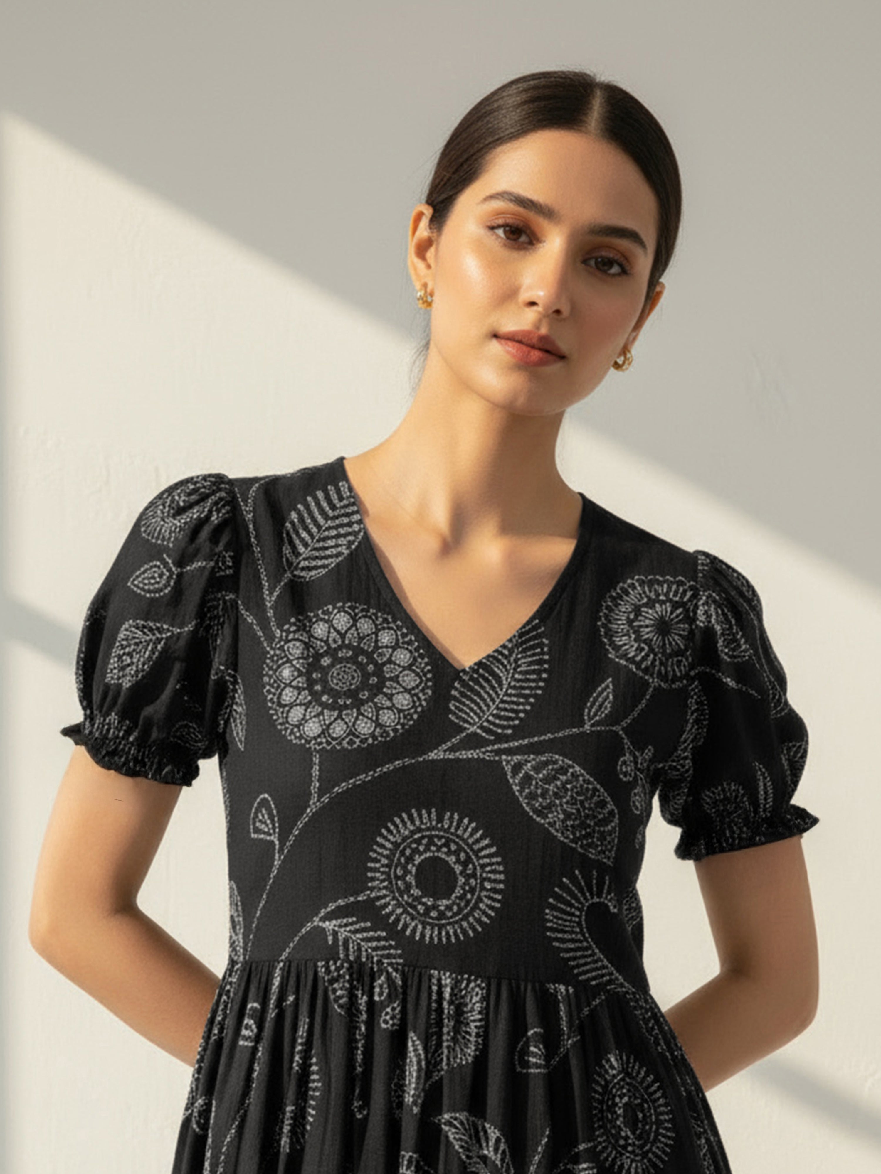 Black Cotton Flex Printed Flared Dress