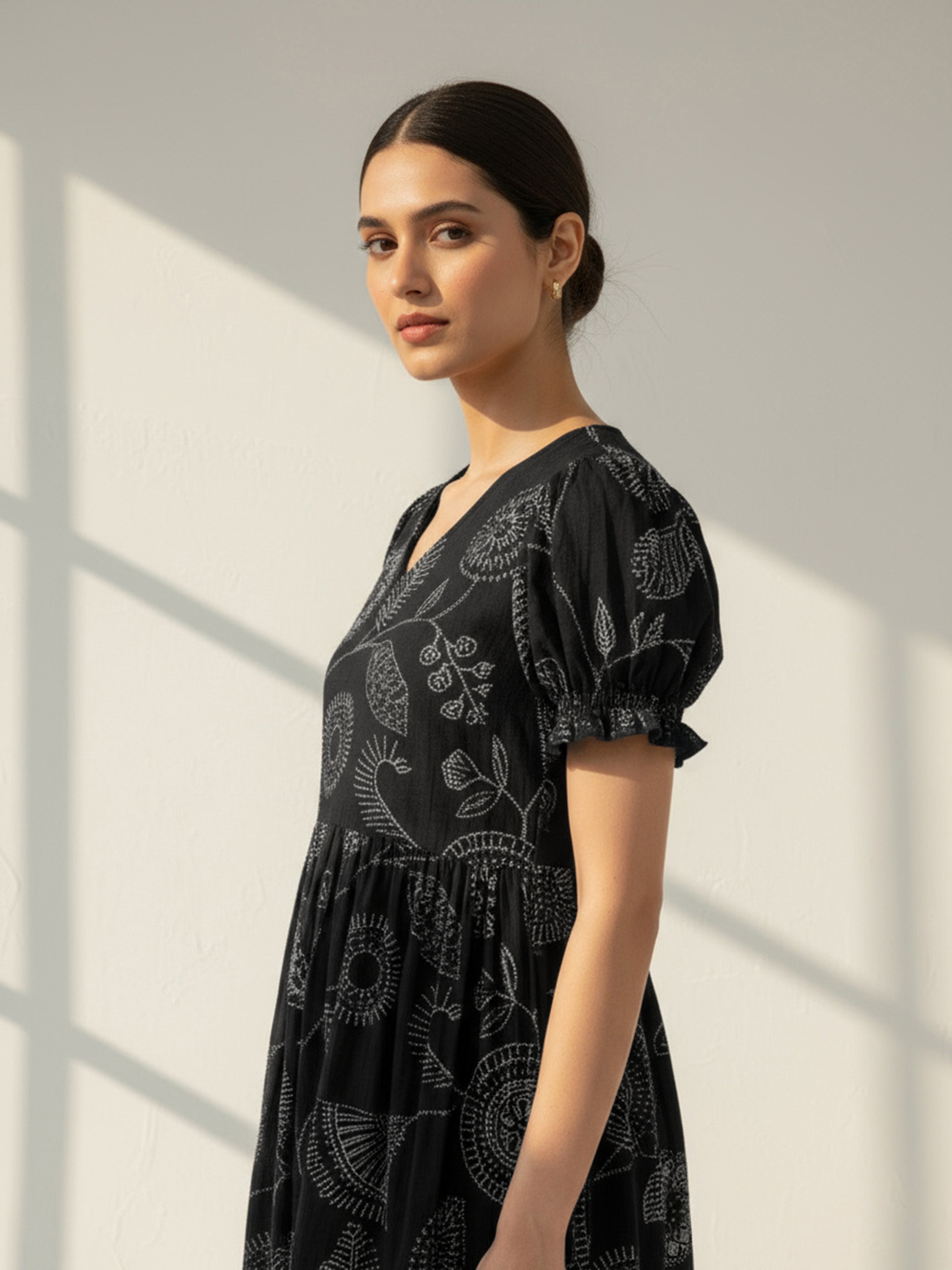 Black Cotton Flex Printed Flared Dress