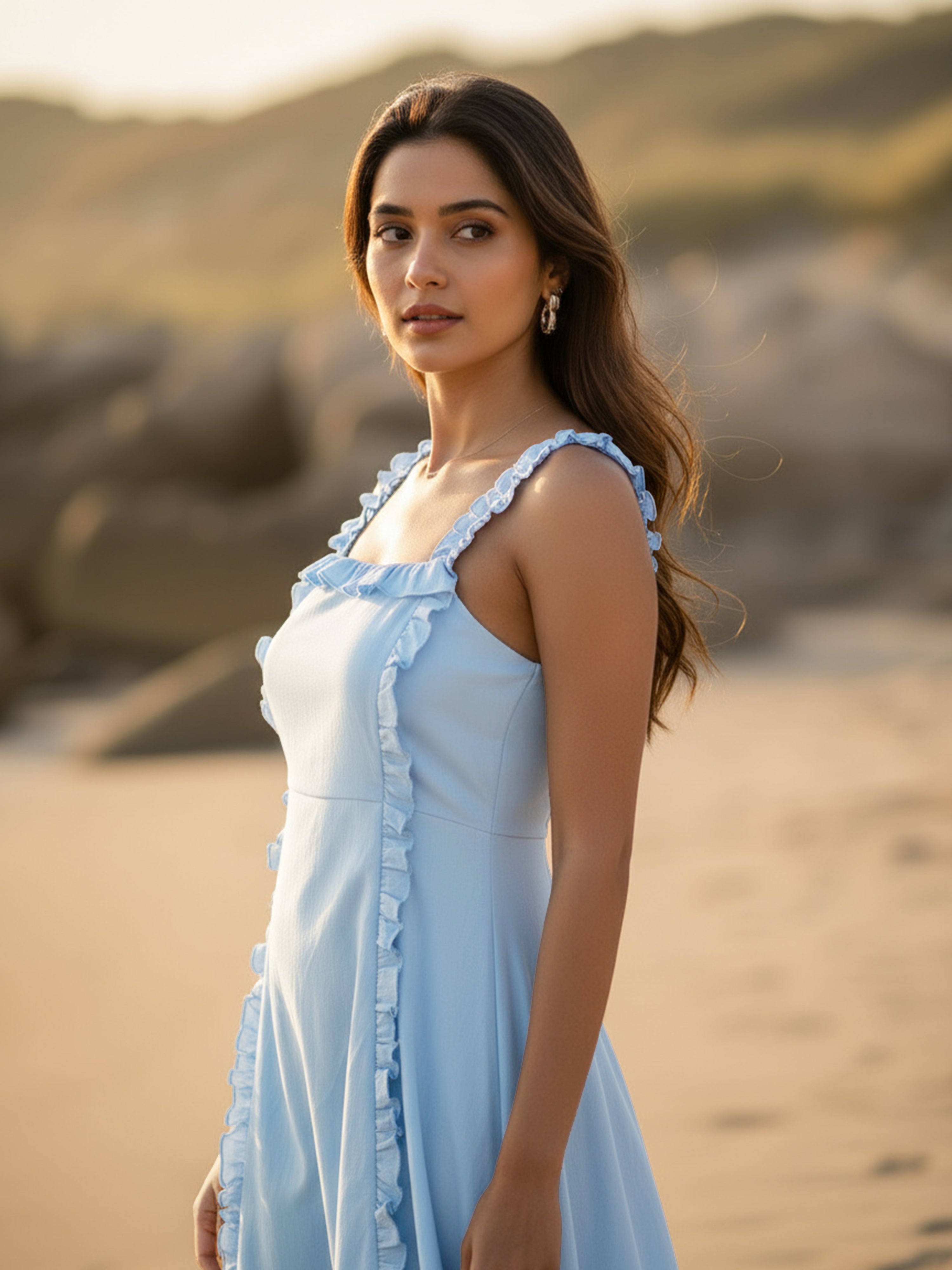 Denim Light Blue Cotton Poplin Long Frilled Dress