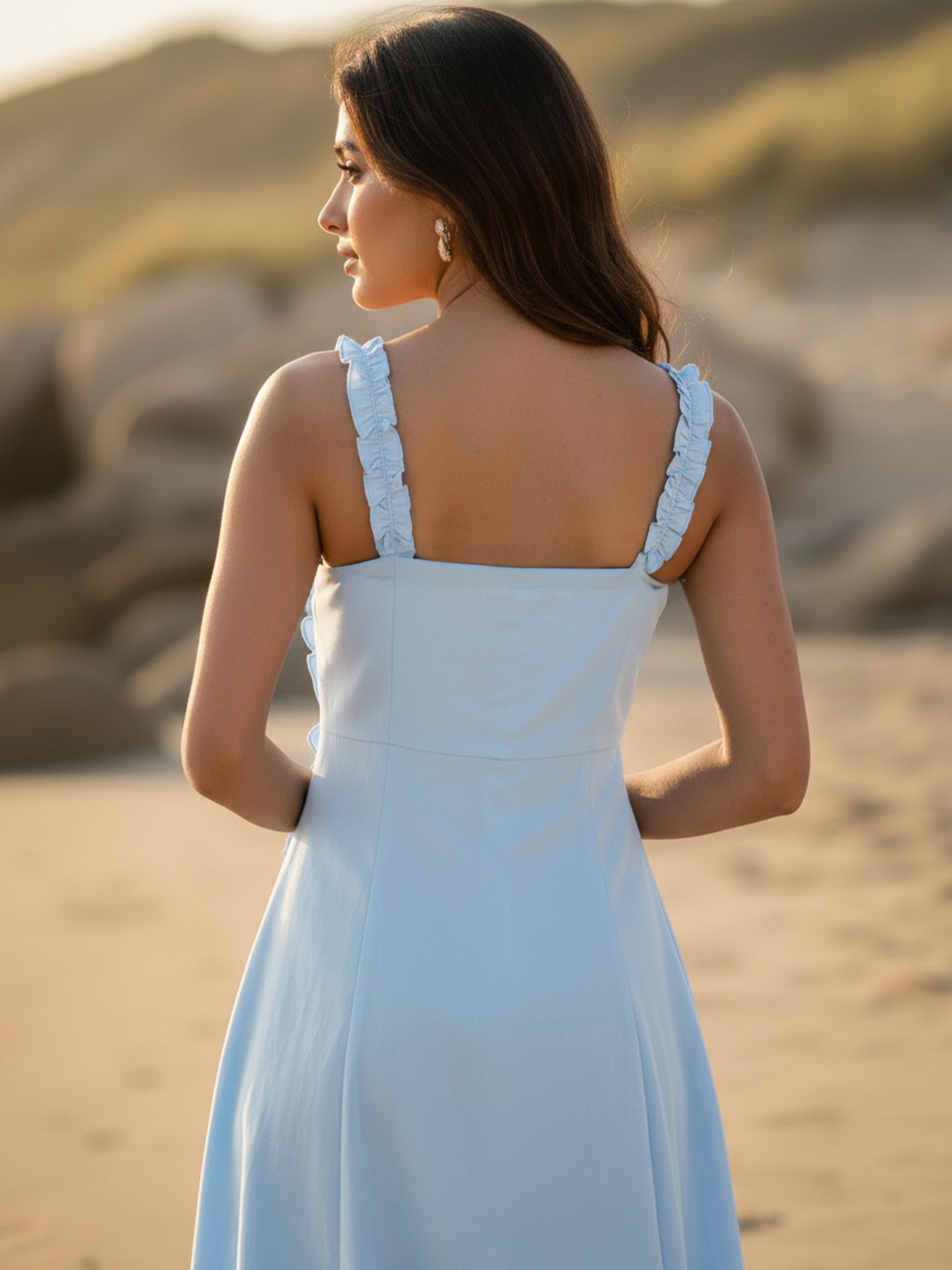 Denim Light Blue Cotton Poplin Long Frilled Dress