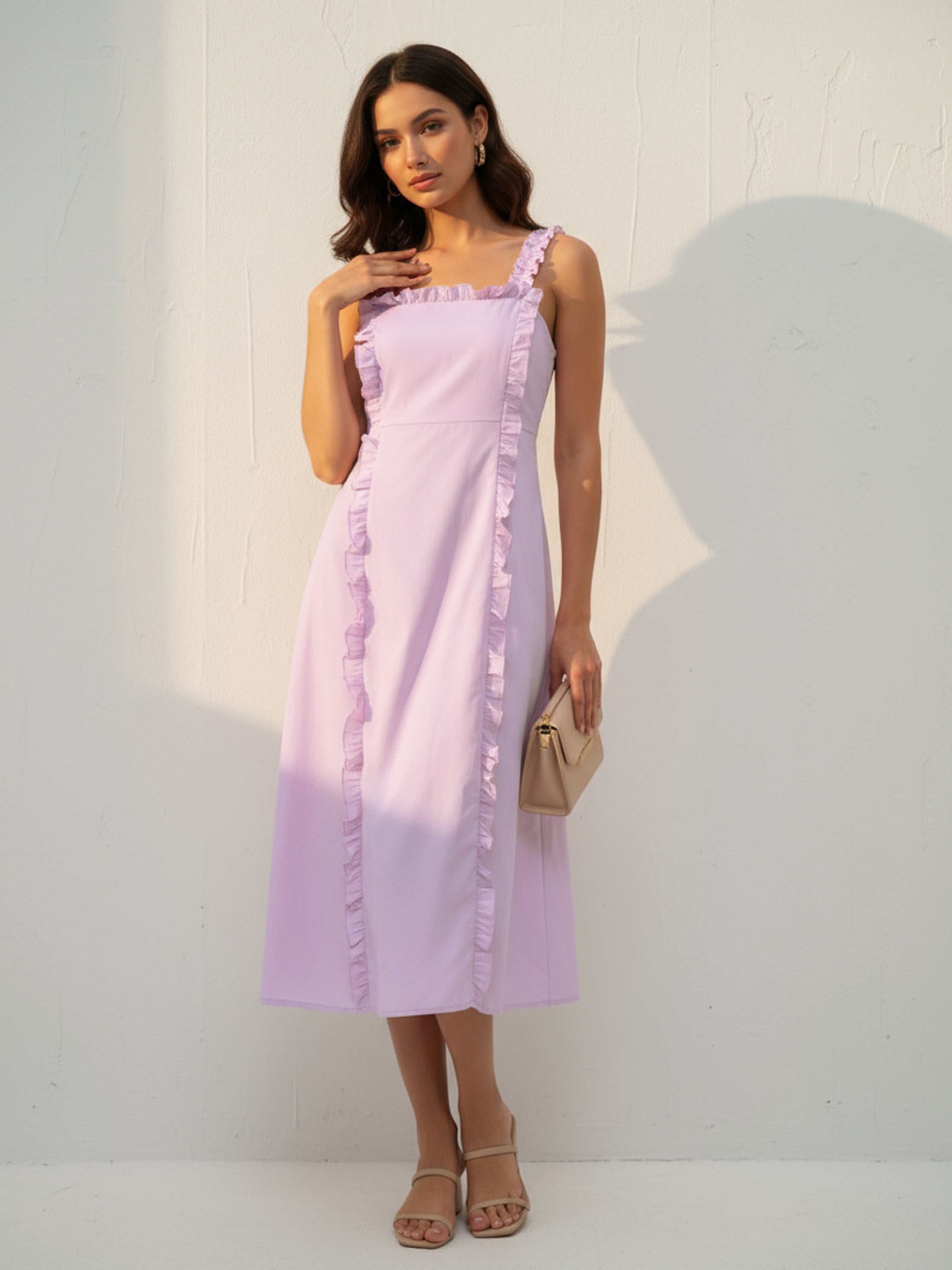 Serene Lavender Cotton Poplin Frilled Long Dress