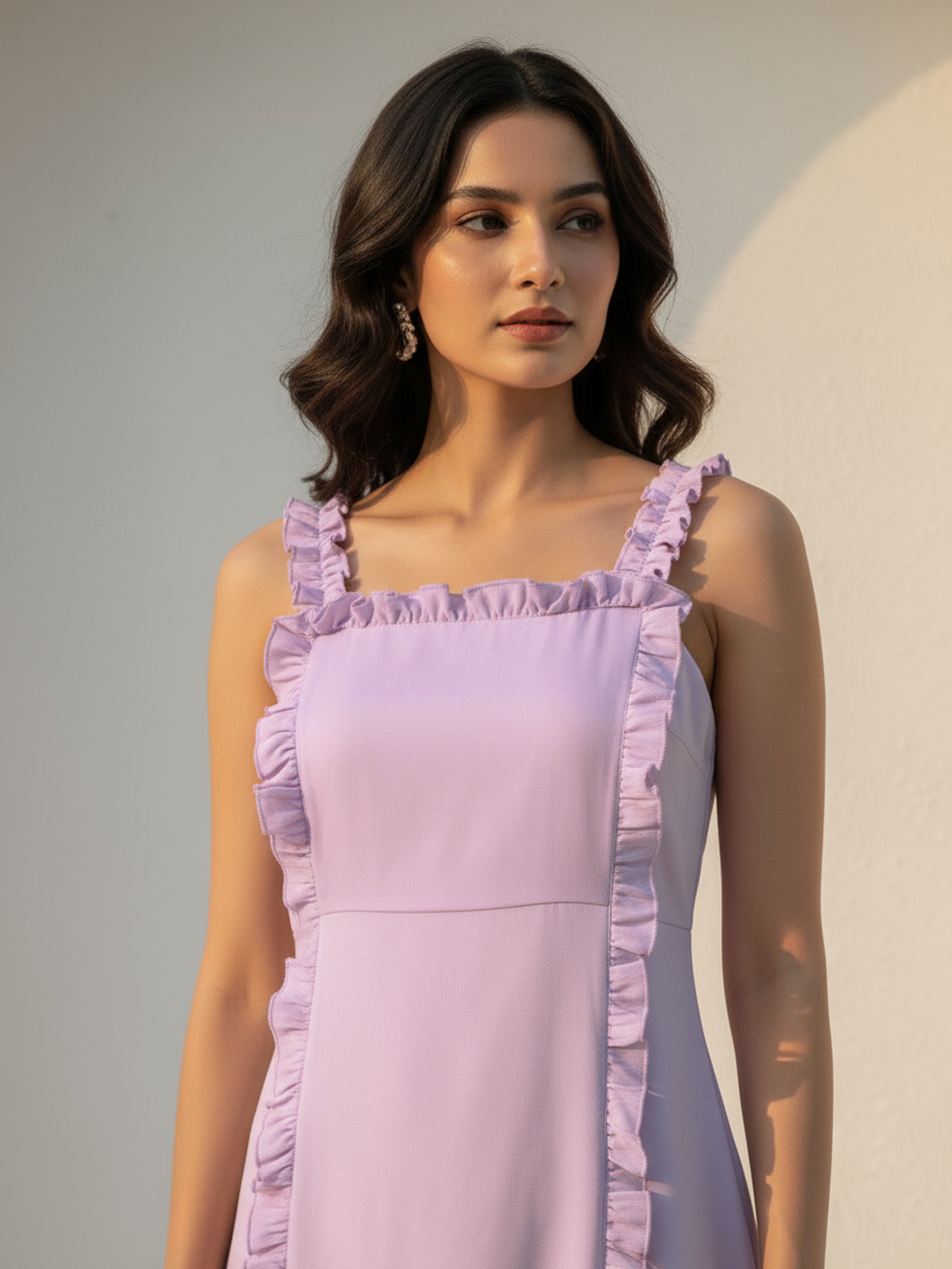Serene Lavender Cotton Poplin Frilled Long Dress