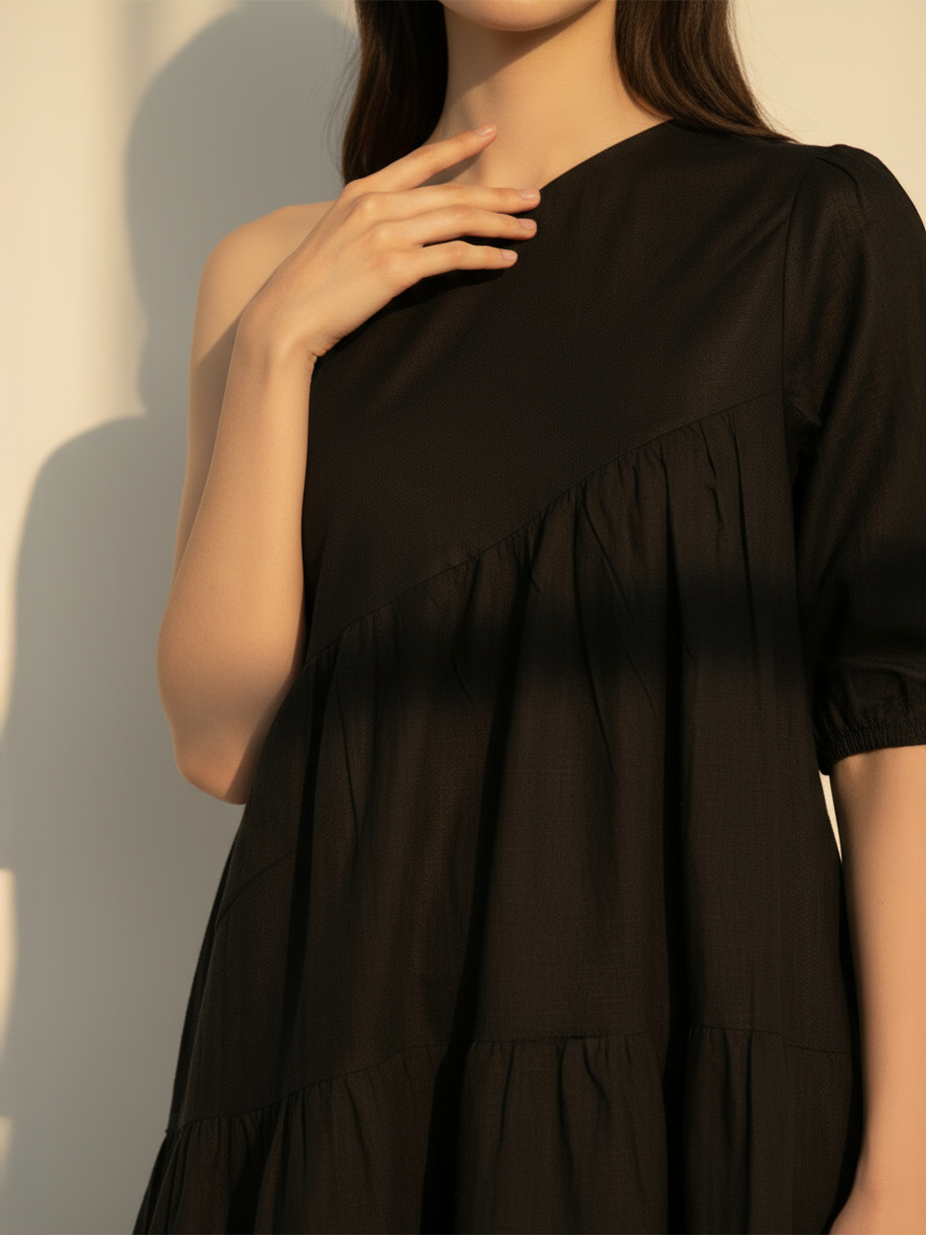 Bold Black One-Shoulder Flex Flared Dress