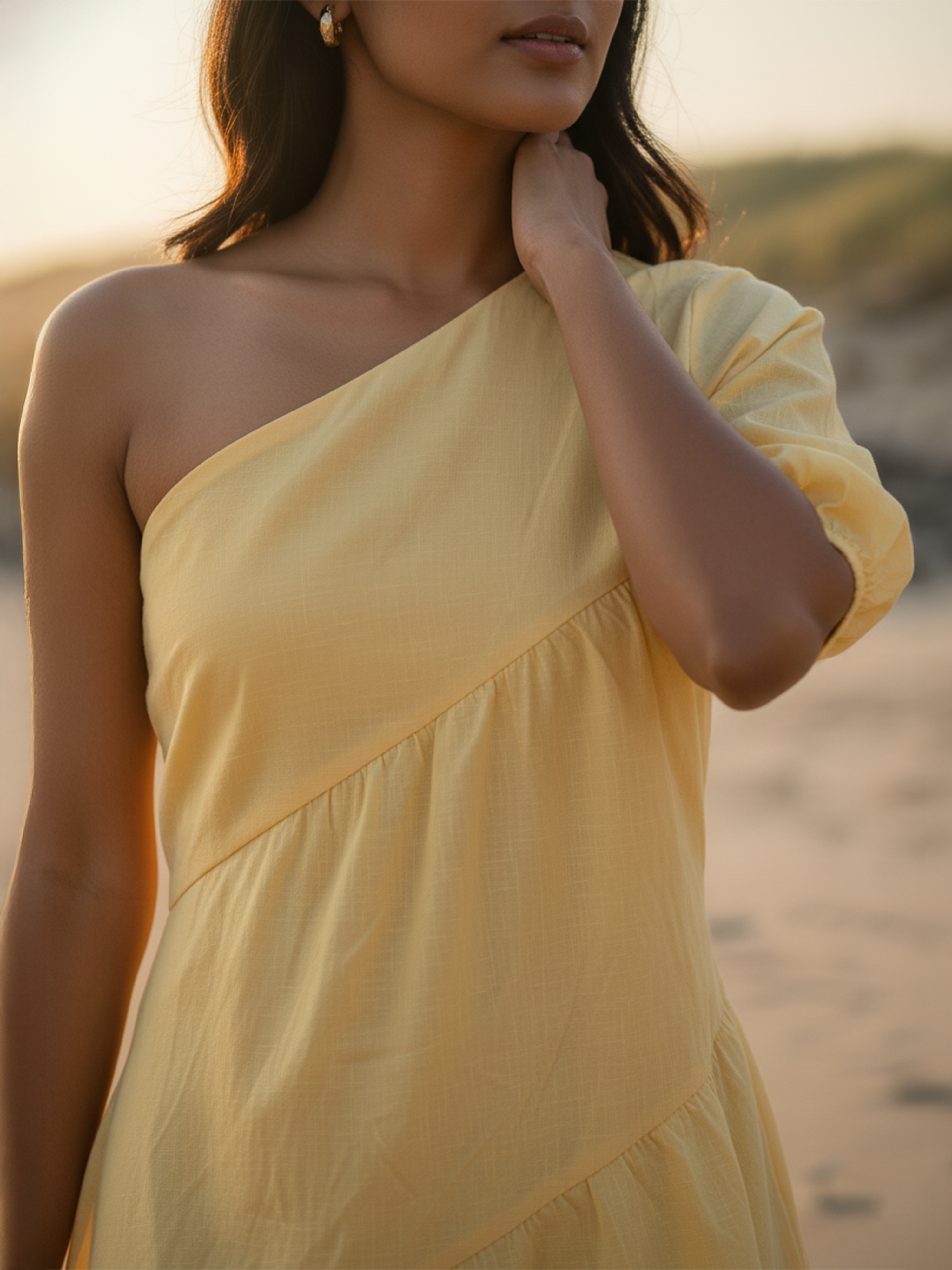 Lemon One Shoulder Plain Dress For Women
