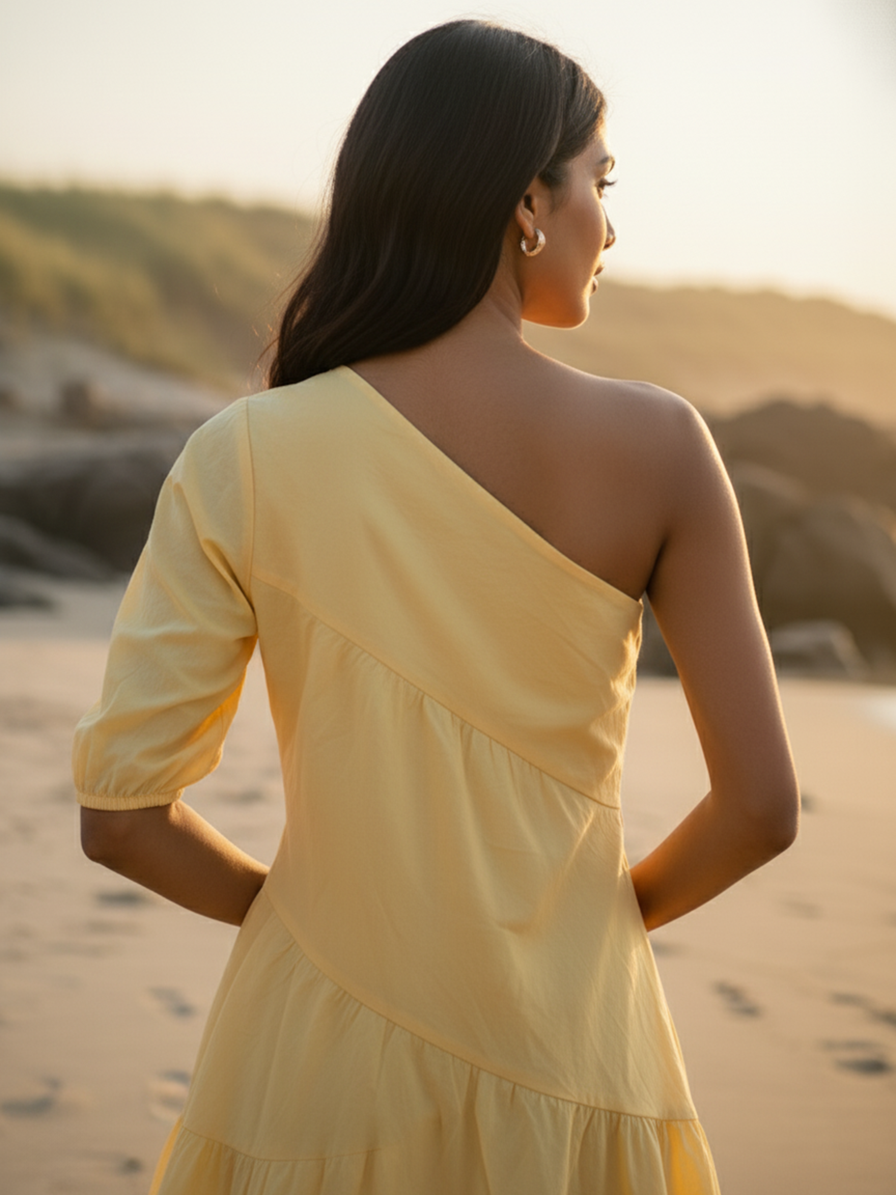 Lemon One Shoulder Plain Dress For Women