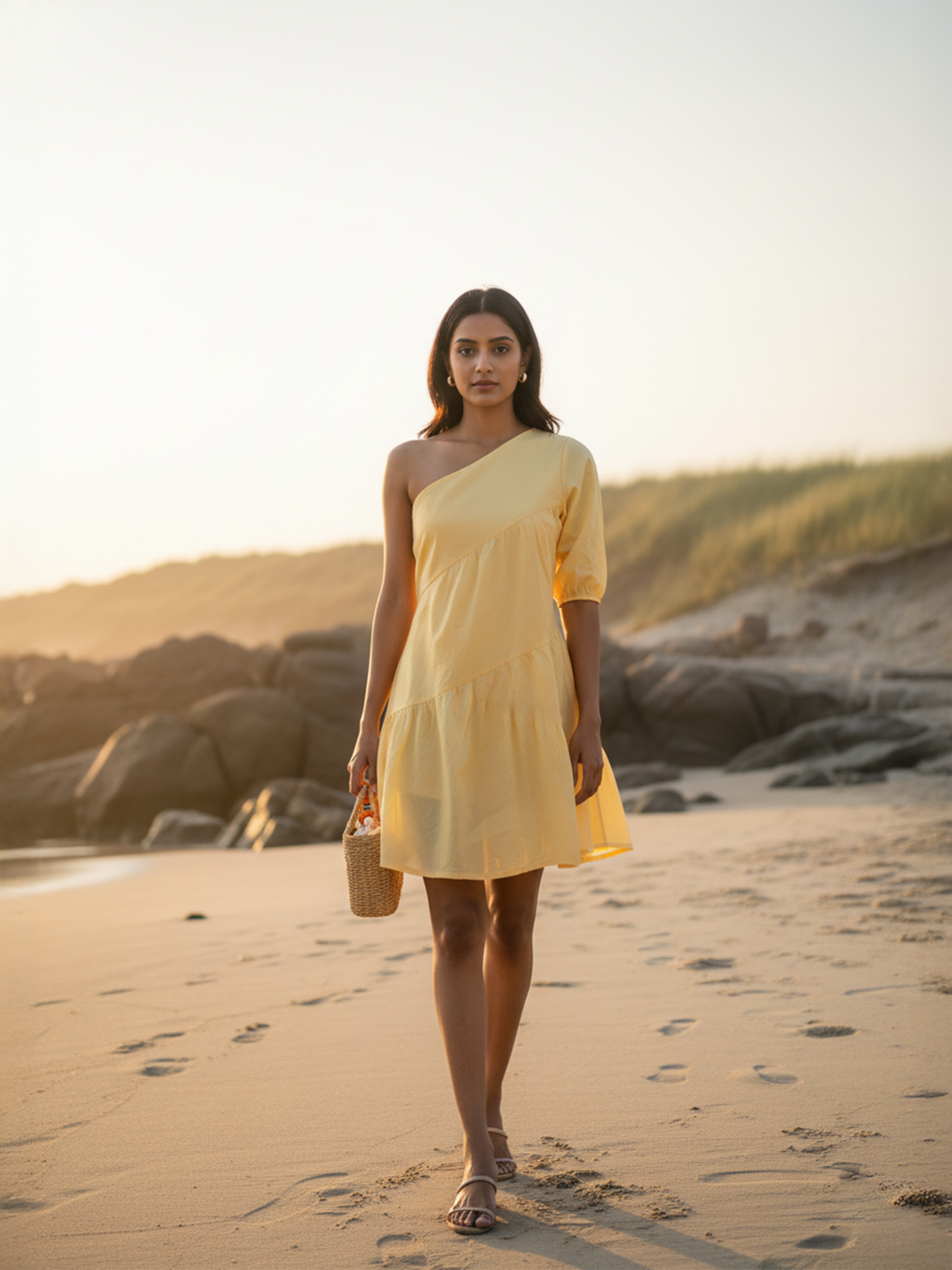 Lemon One Shoulder Plain Dress For Women