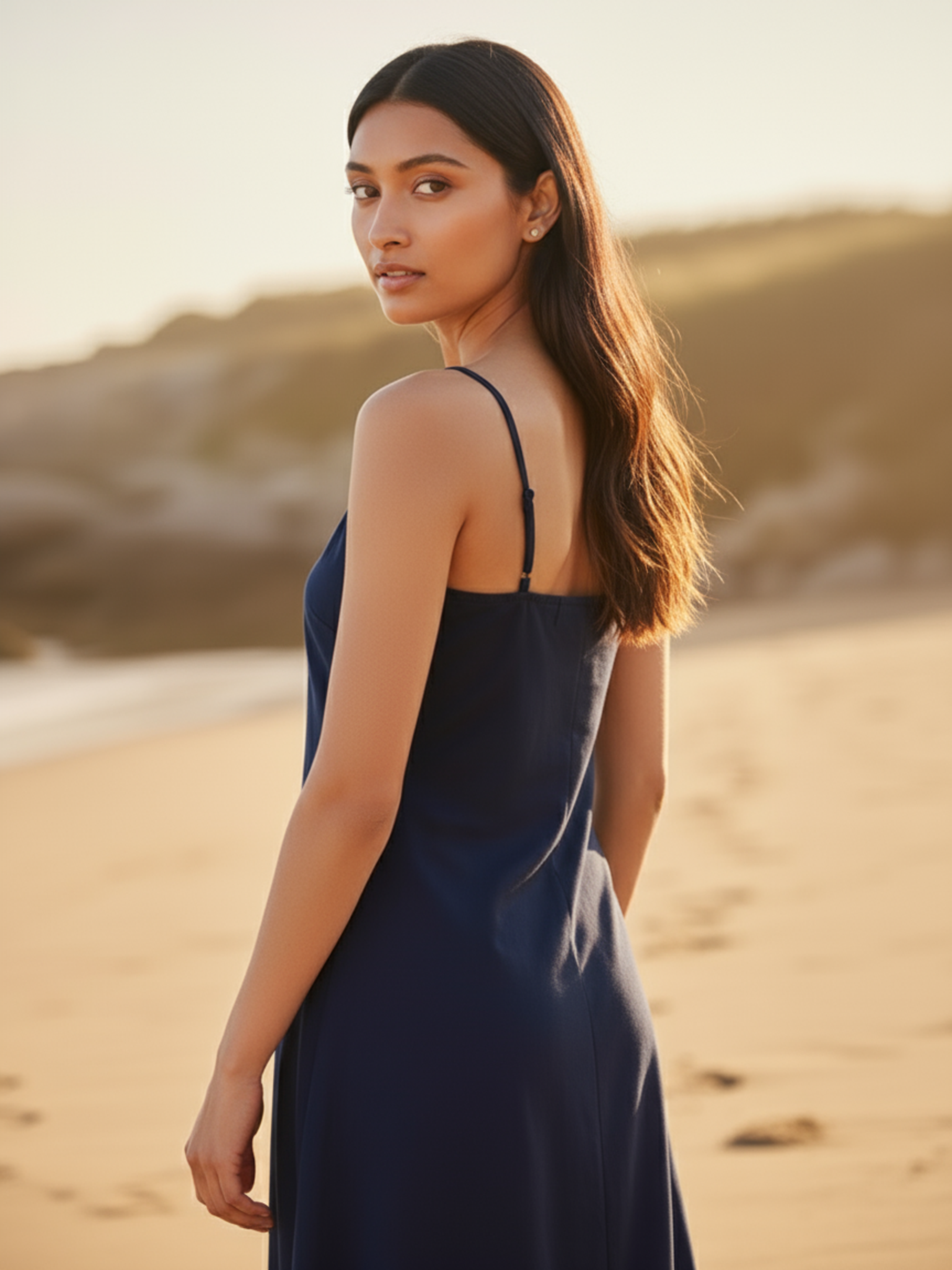 Navy Poplin One Shoulder Dress - One Side Sleeve