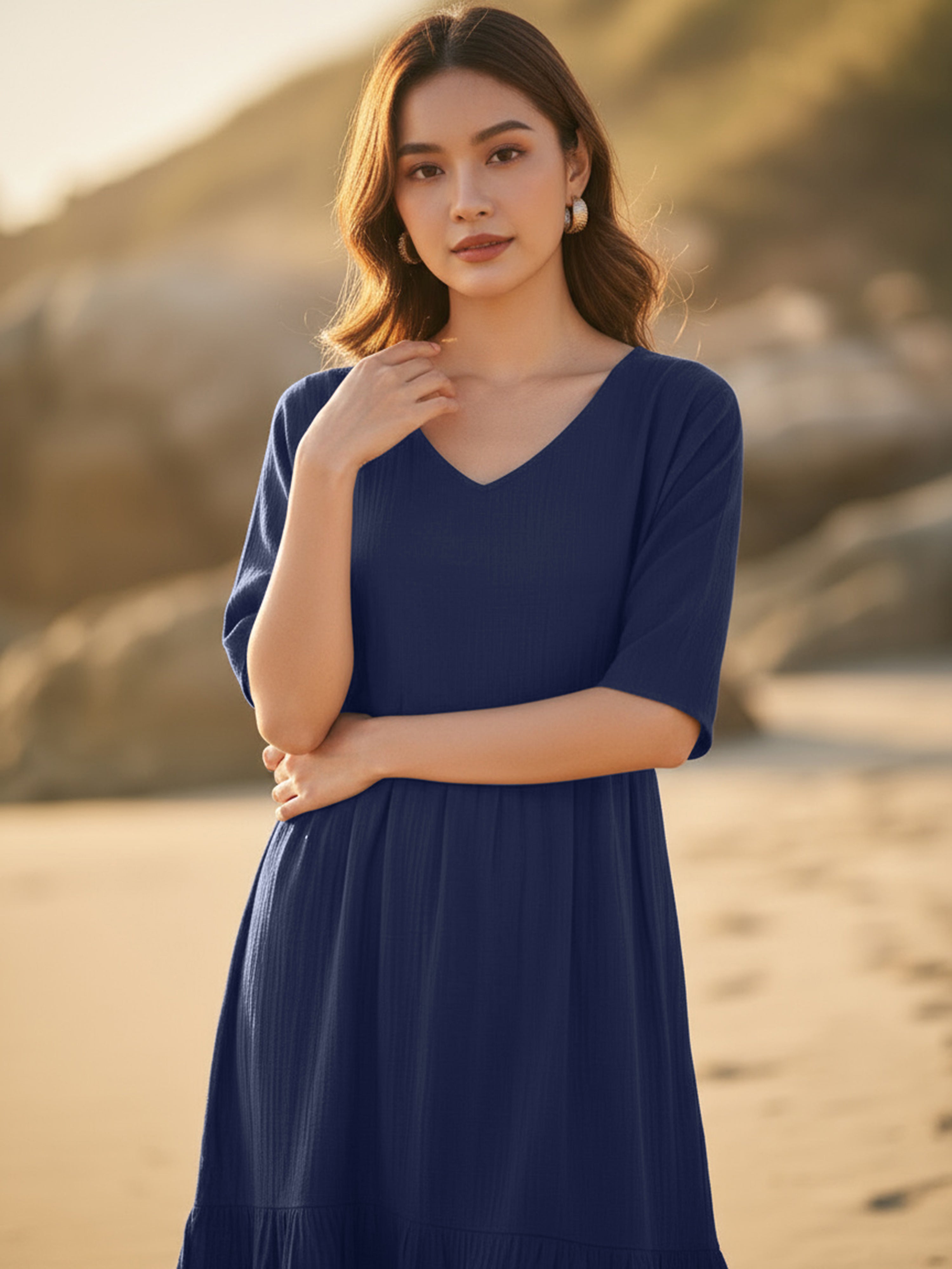 Dark Navy Gathered Rayon Short Dress