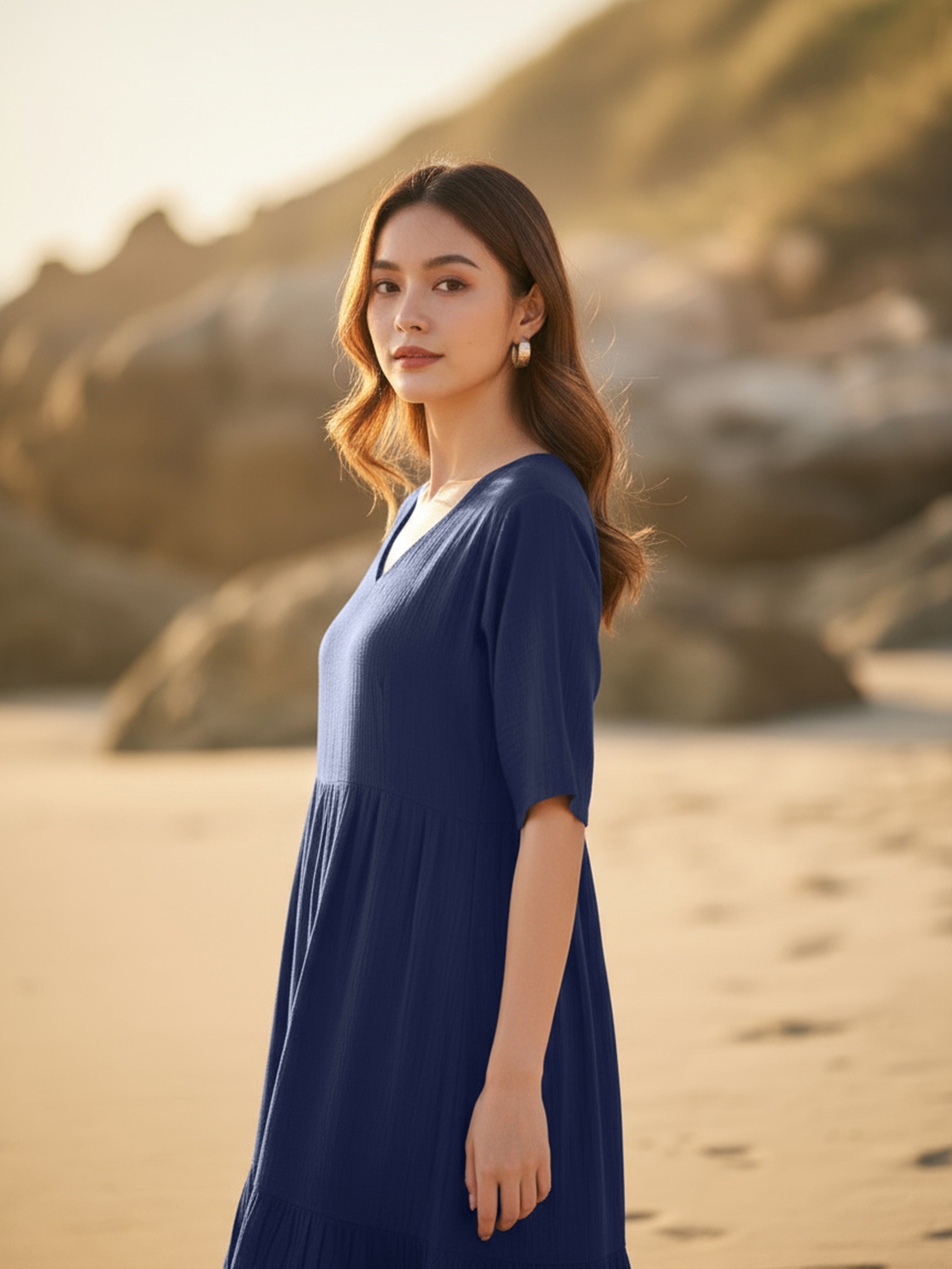 Dark Navy Gathered Rayon Short Dress